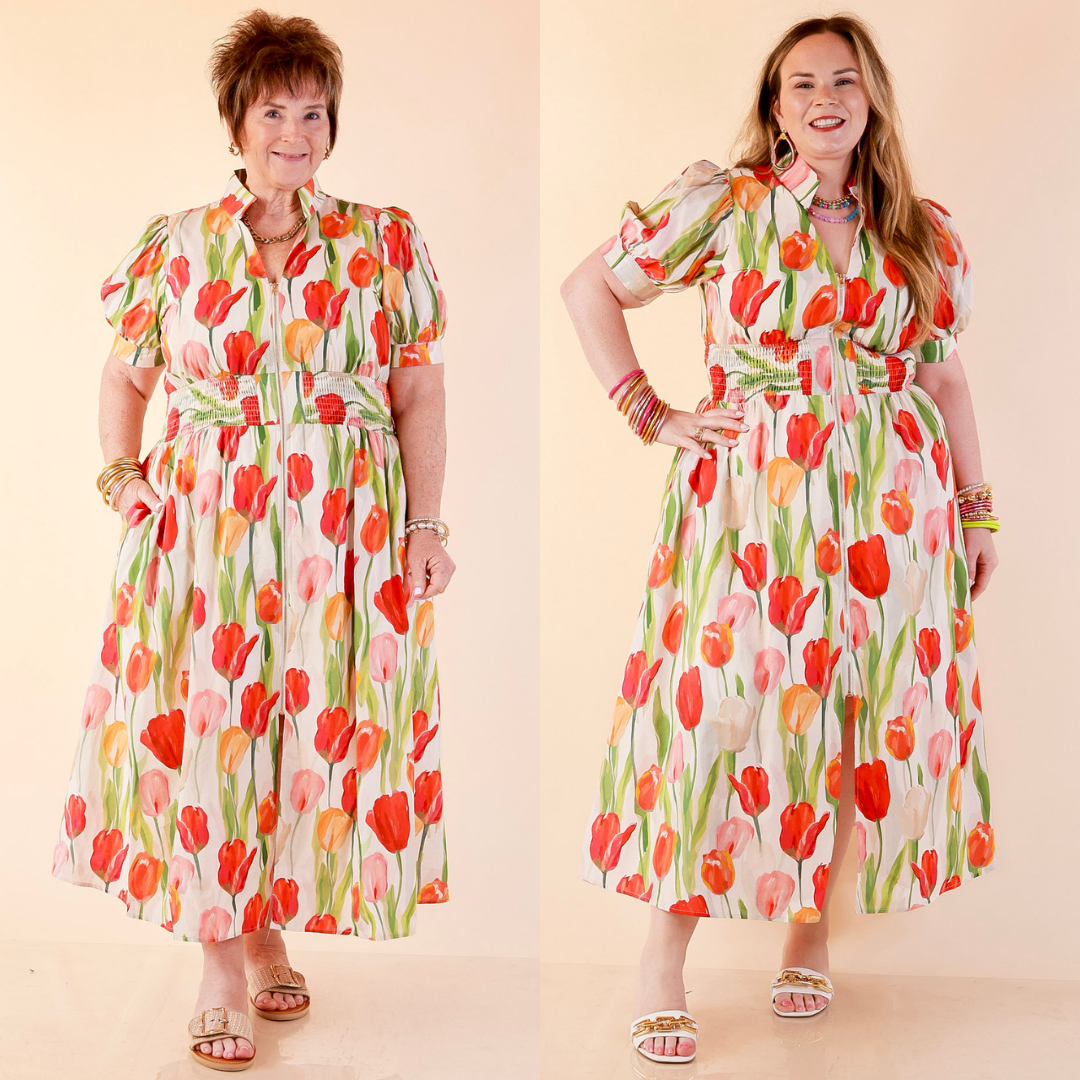 soor ploom Ismay Dress Tulip Print♡8Y Midi Tulip Print Dress with Smocked Waist and Short Sleeves in