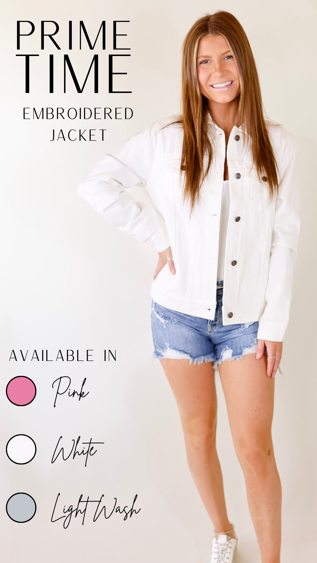 Prime Time Floral Embroidered Denim Jacket With Pockets in White - Giddy Up Glamour Boutique