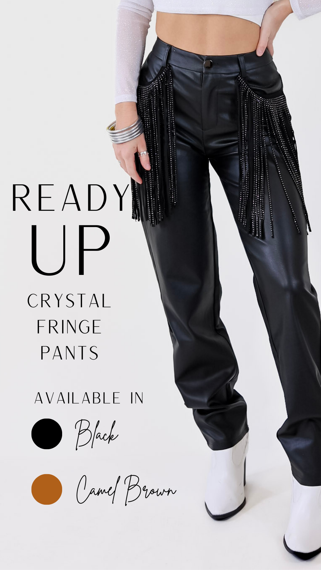 Ready Up Crystal Fringe Faux Leather Pants in Black - Giddy Up Glamour Boutique