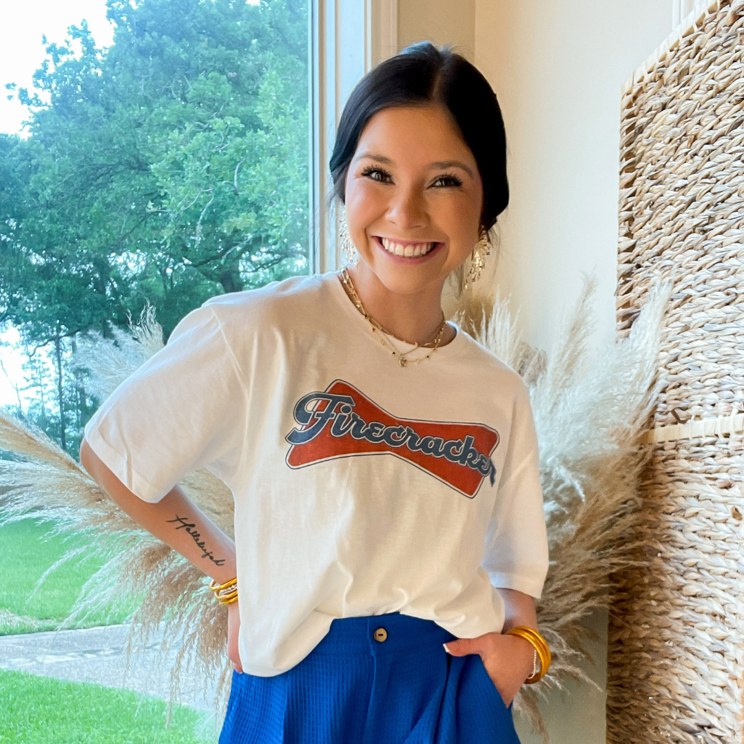 Online Exclusive | Firecracker Short Sleeve Graphic Tee in White - Giddy Up Glamour Boutique