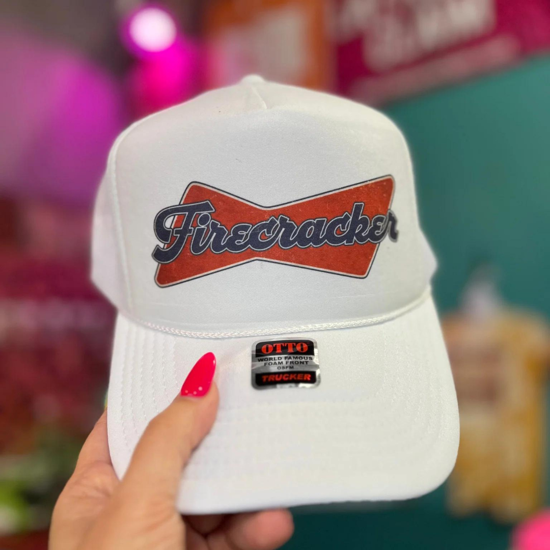 Online Exclusive | Firecracker Foam Trucker Cap in White - Giddy Up Glamour Boutique