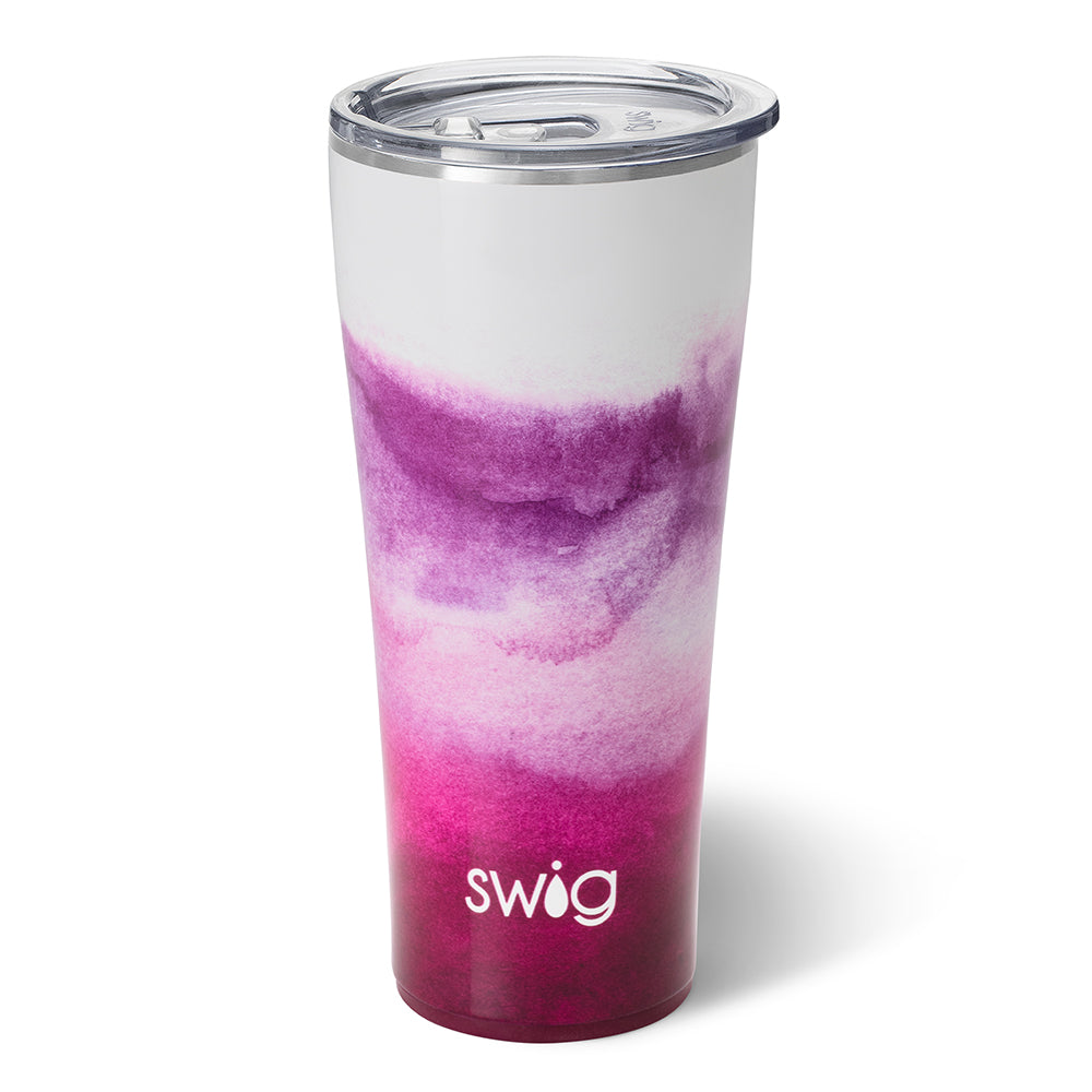 Amethyst 32 oz tumbler. This cup is ombre from white to pink to purple. The cup has a clear lid. The background of the picture is white.