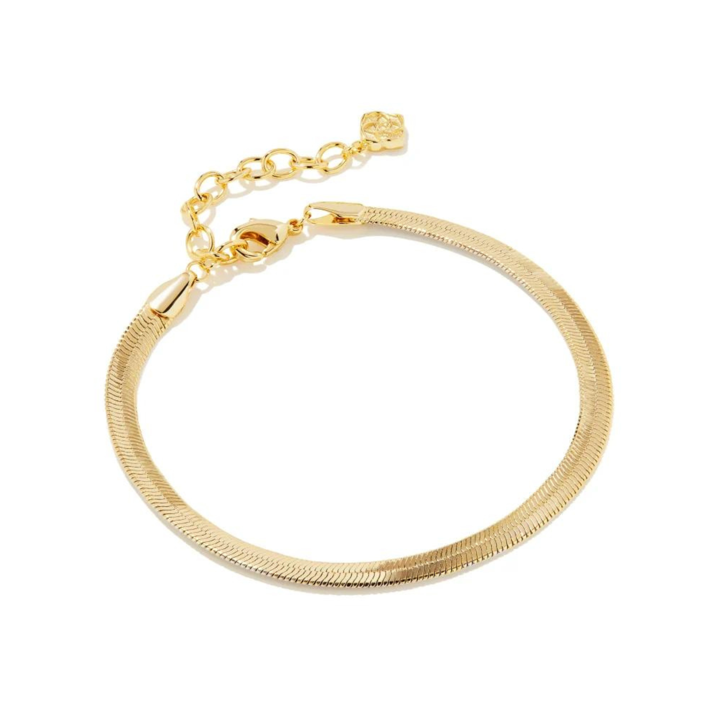 Pictured is a gold snake chain bracelet on a white background.