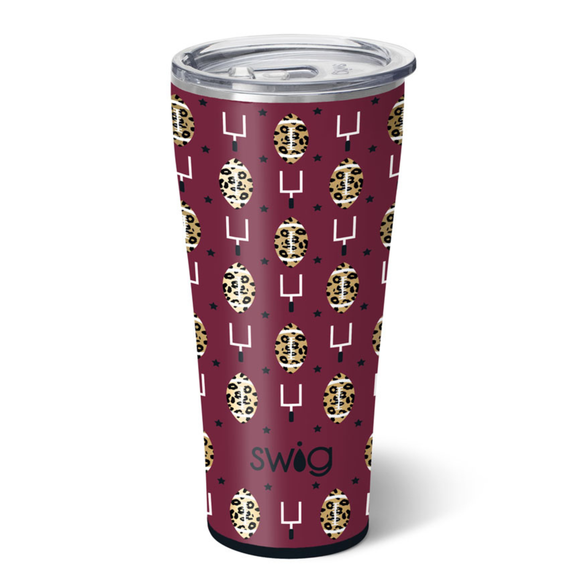 Touchdown maroon and black 32 oz tumbler. The cup is maroon with cheetah print footballs on it and field goal decorations. The background of the photo is white.