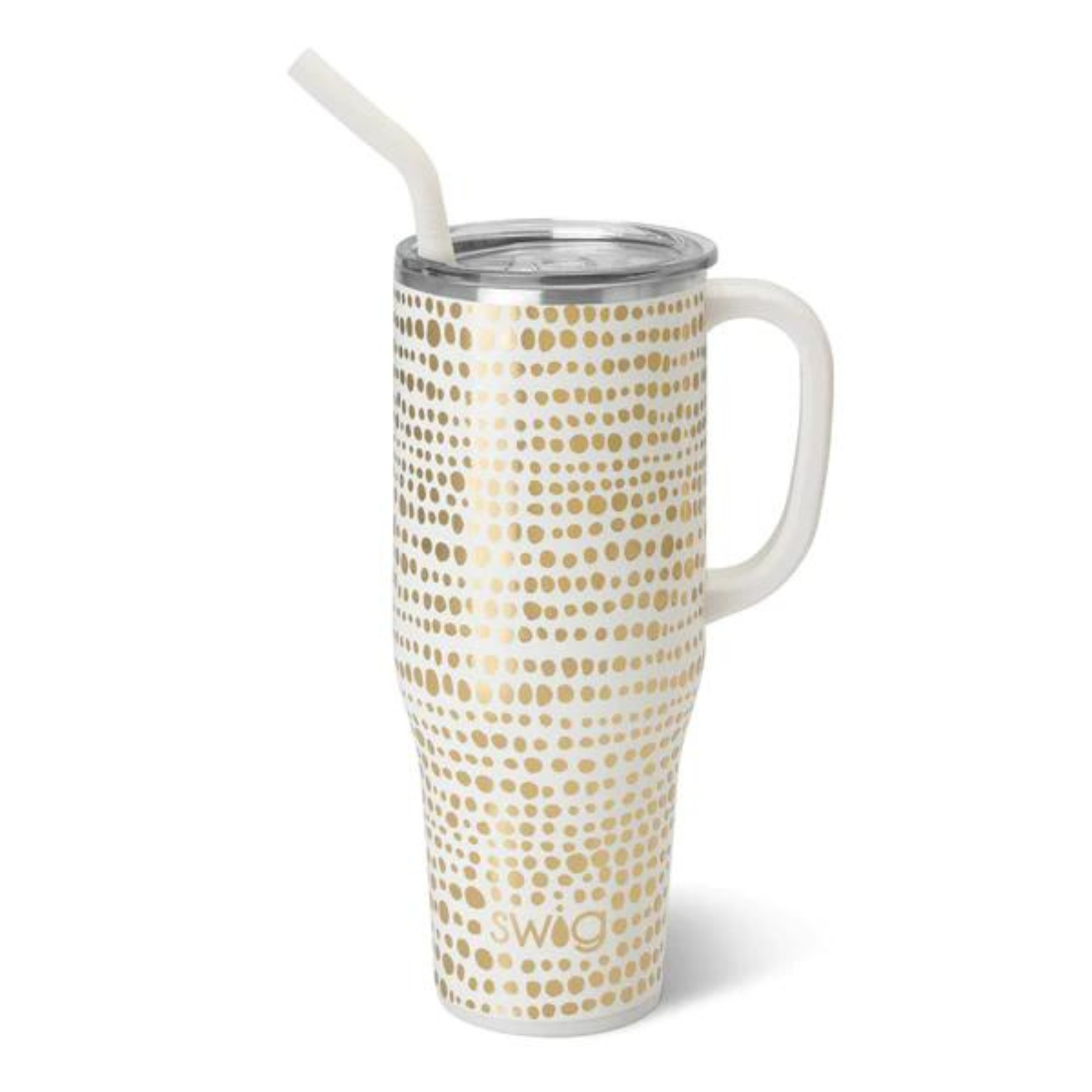 Swig glamazon gold 40 oz mega mug. This cup is white with gold design on top. The cup has a handle and s straw in white. The background of the picture is white.
