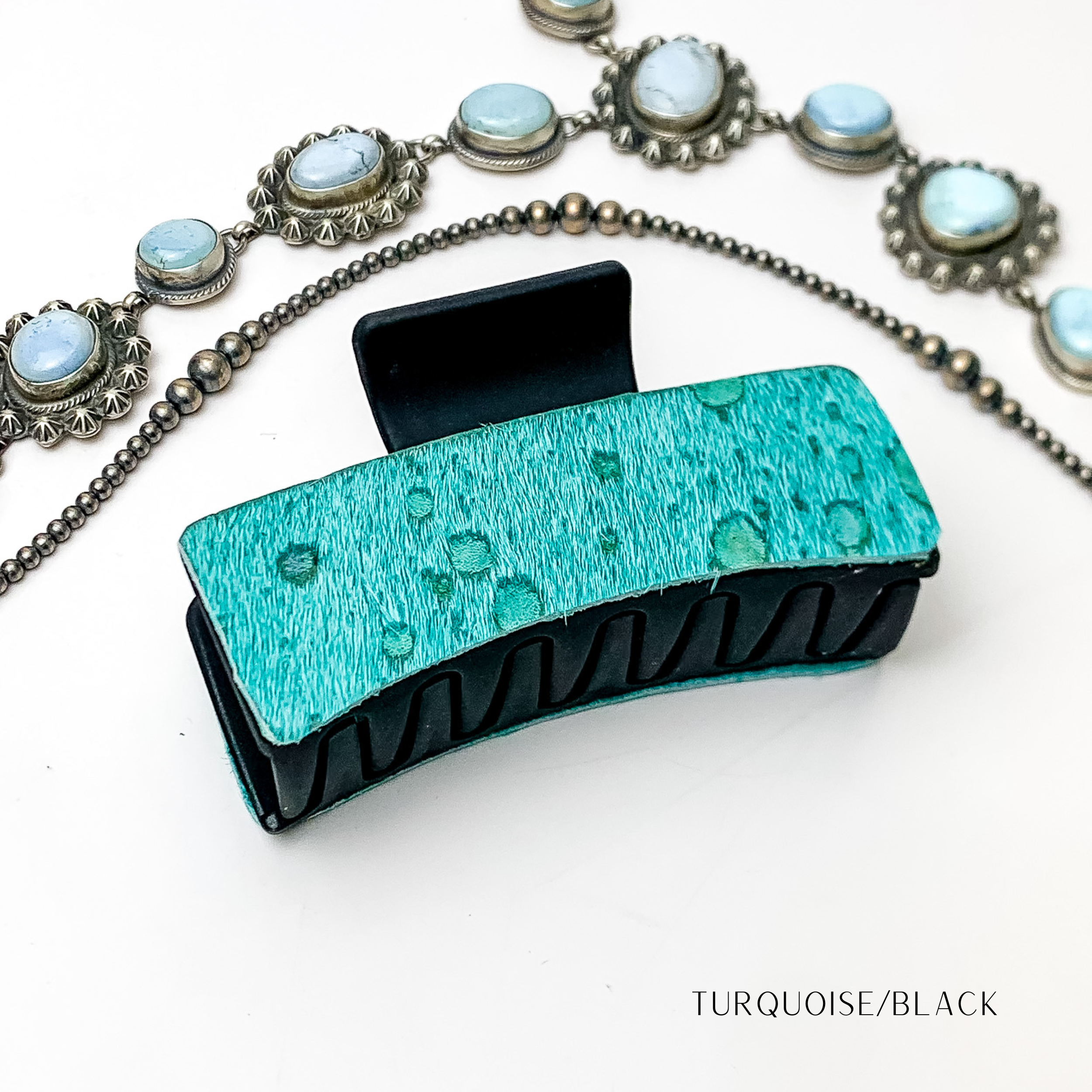 Rectangle Claw Clip with Turquoise Green Cowhide - Giddy Up Glamour Boutique