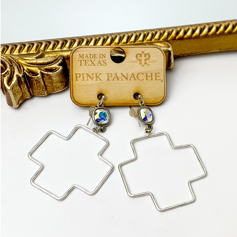 Pink Panache Cross Earrings with AB Stone in Silver Tone - Giddy Up Glamour Boutique