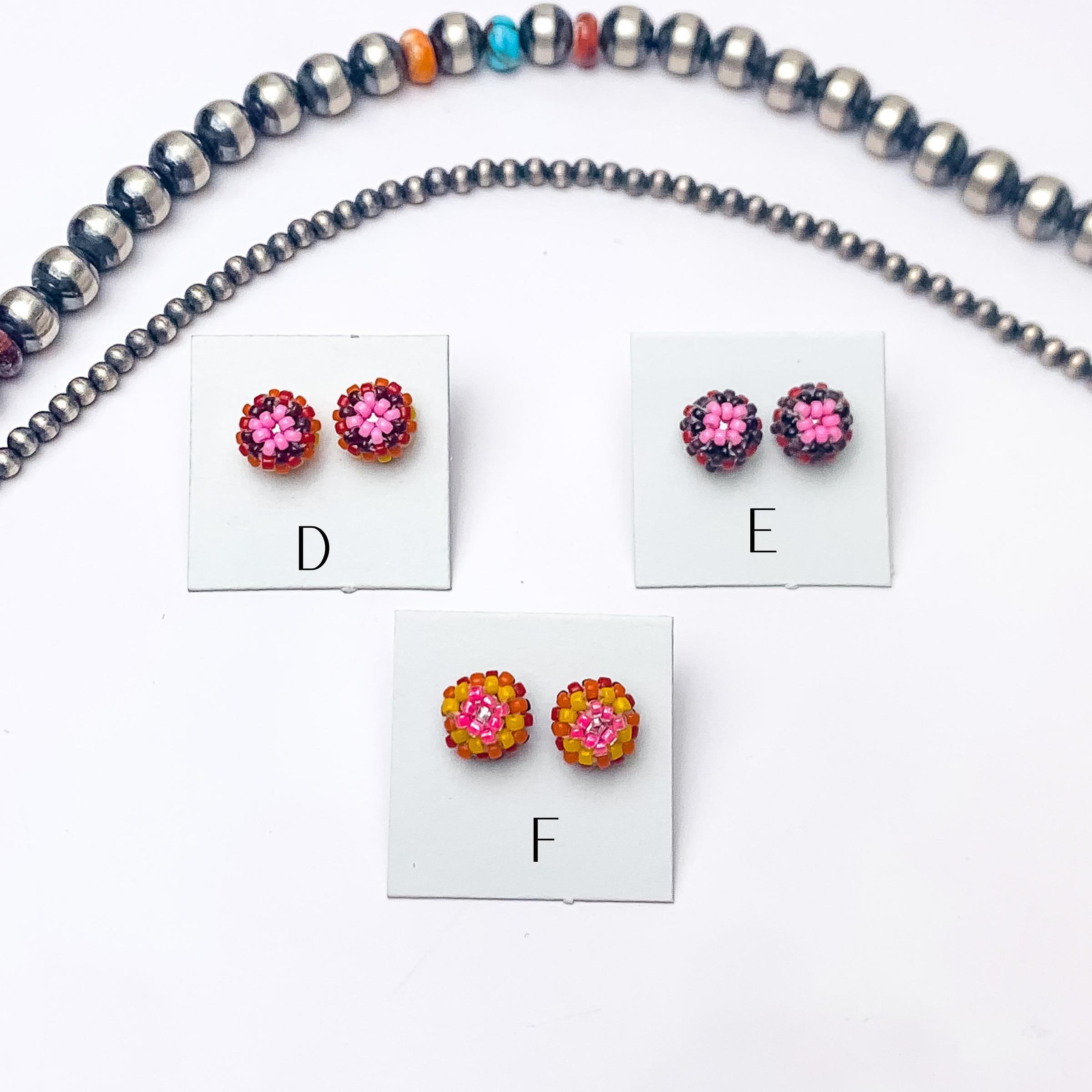 Navajo | Navajo Handmade Beaded Stud Earrings in Pink, Yellow, Orange and Black - Giddy Up Glamour Boutique