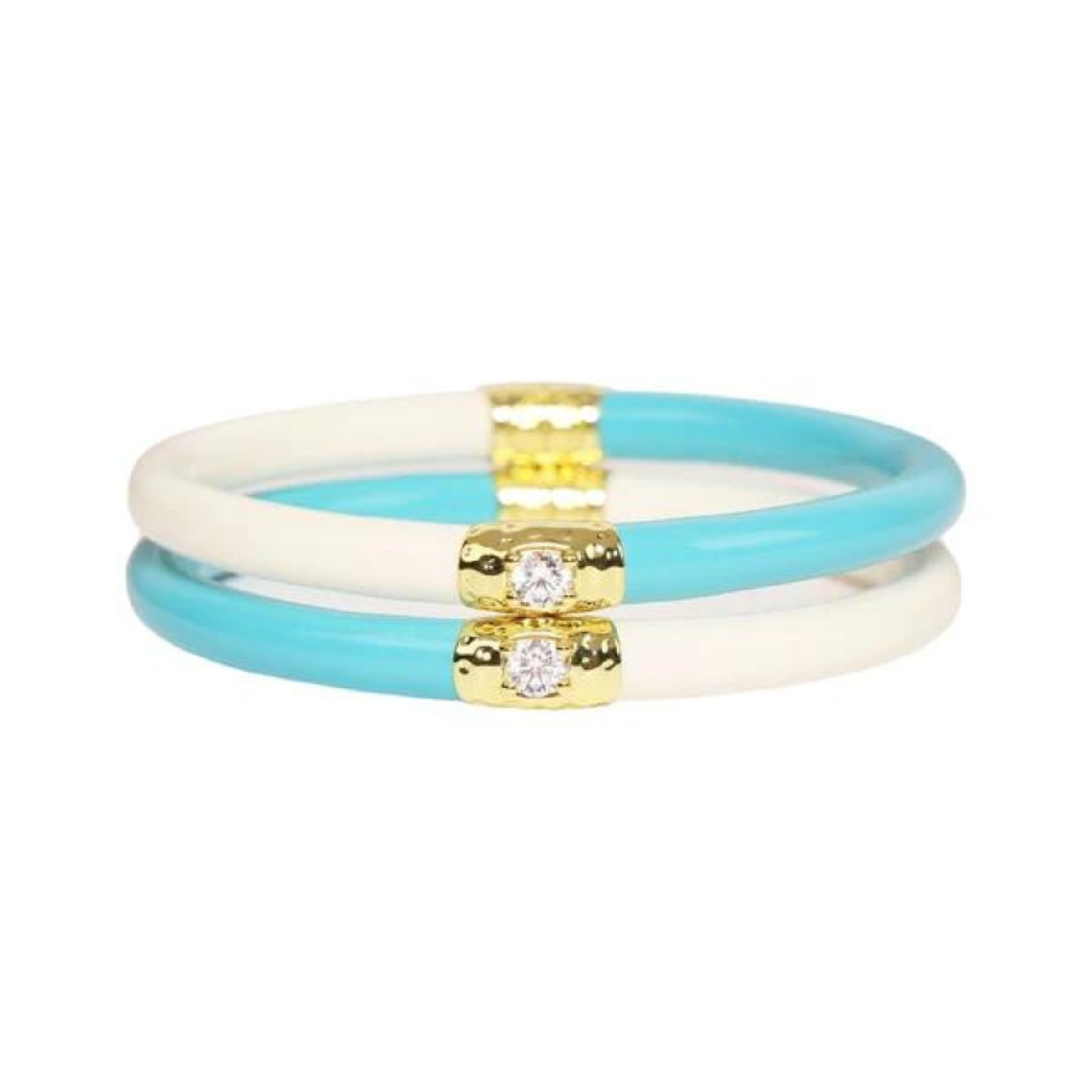 Two half white and half turquosie plastic, tube bracelet with two gold segments on the bracelet. These bracelets are pictured on top of each other on a white background. 