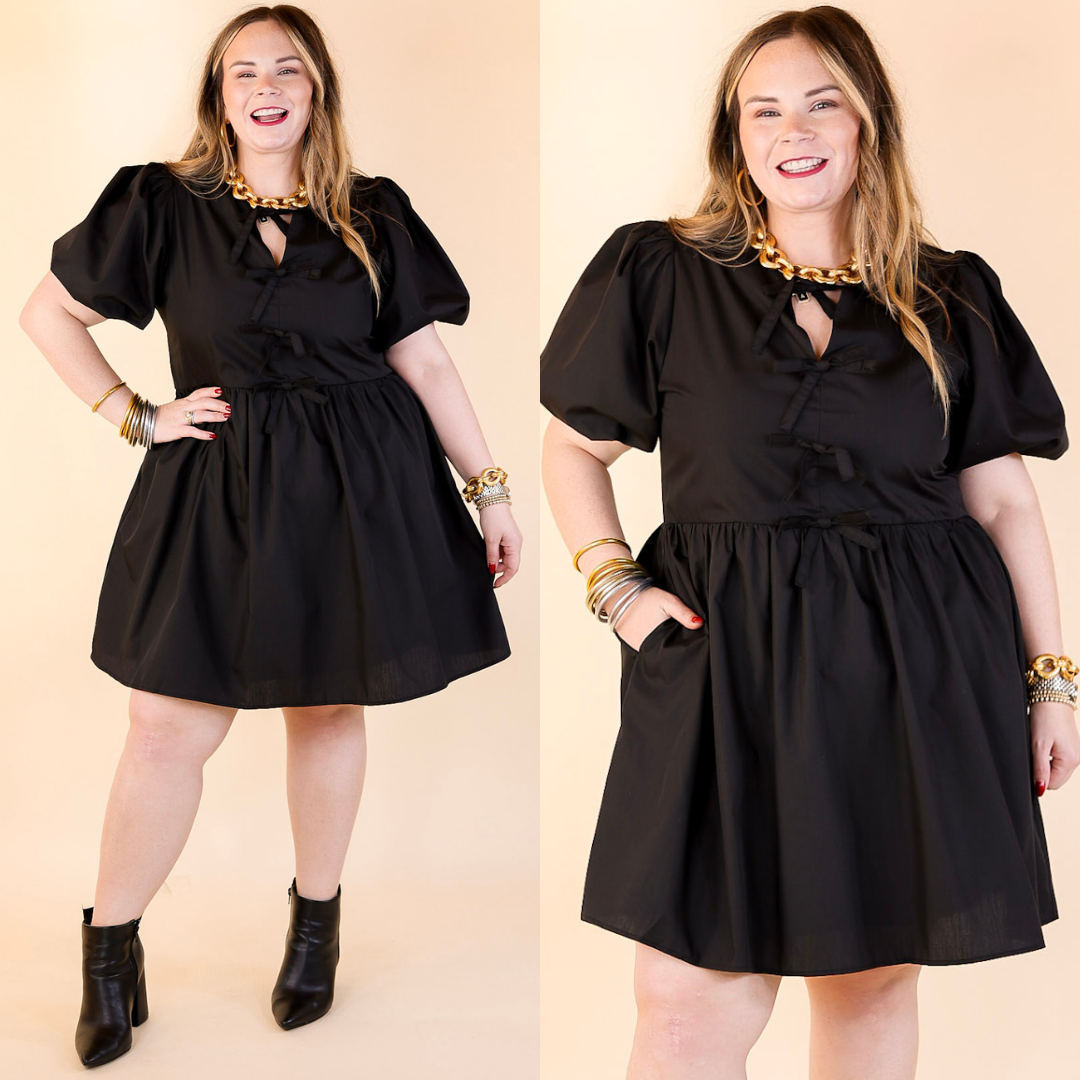 Short and Sweet Dress with Short Puff Sleeves and Bows in Black Short and Sweet Dress with Short Puff Sleeves and Bows in Black