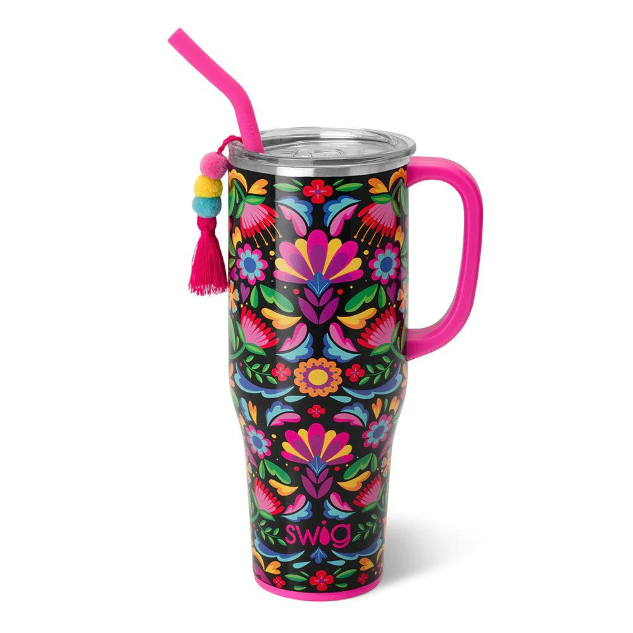 Pictured on a white background is a 40oz mega mug in the caliente print. This cup includes a hot pink handle, hot pink straw, and a clear lid. 