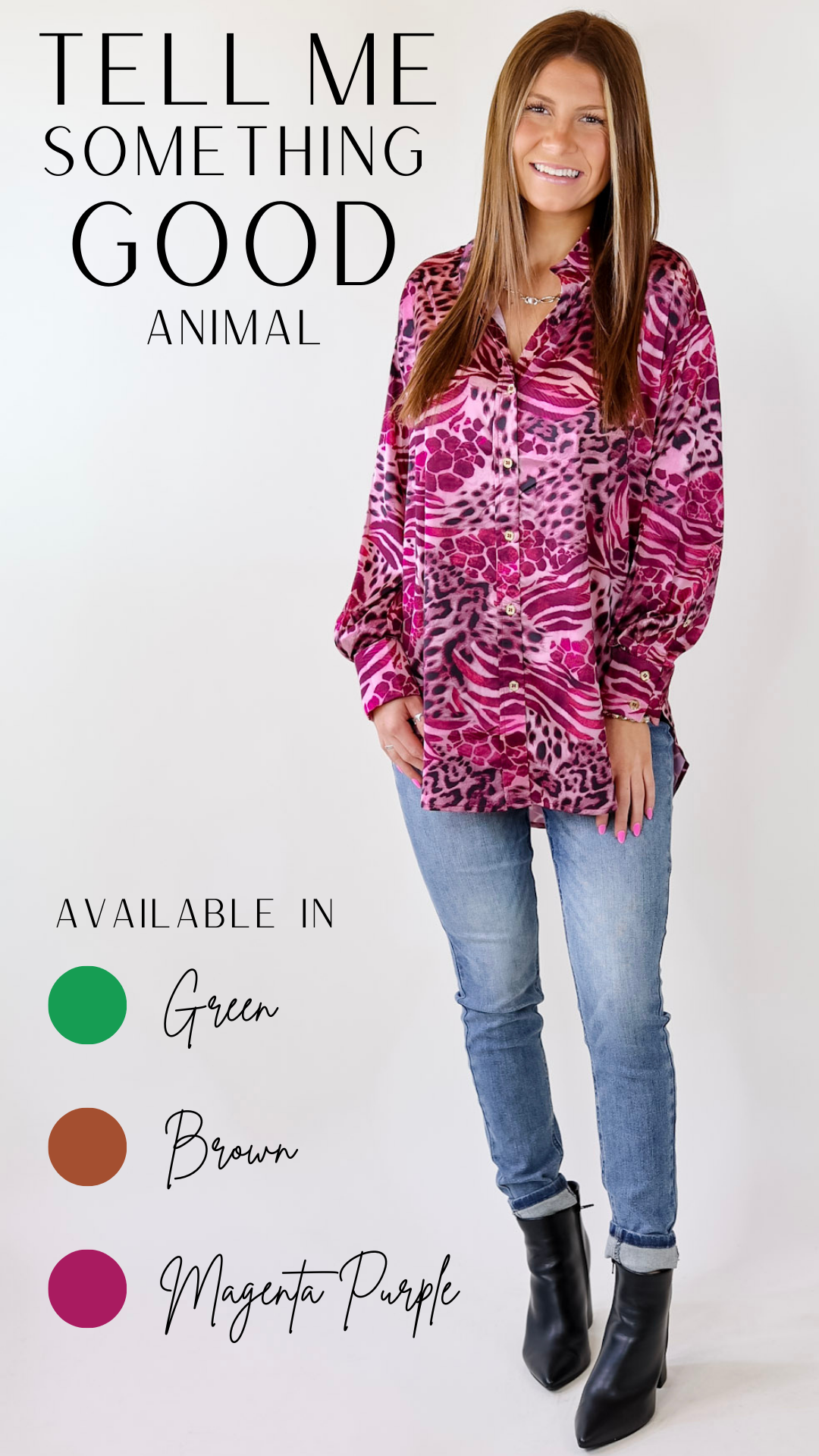 Tell Me Something Good Mixed Animal Print Long Sleeve Button Up Top in Magenta Purple - Giddy Up Glamour Boutique