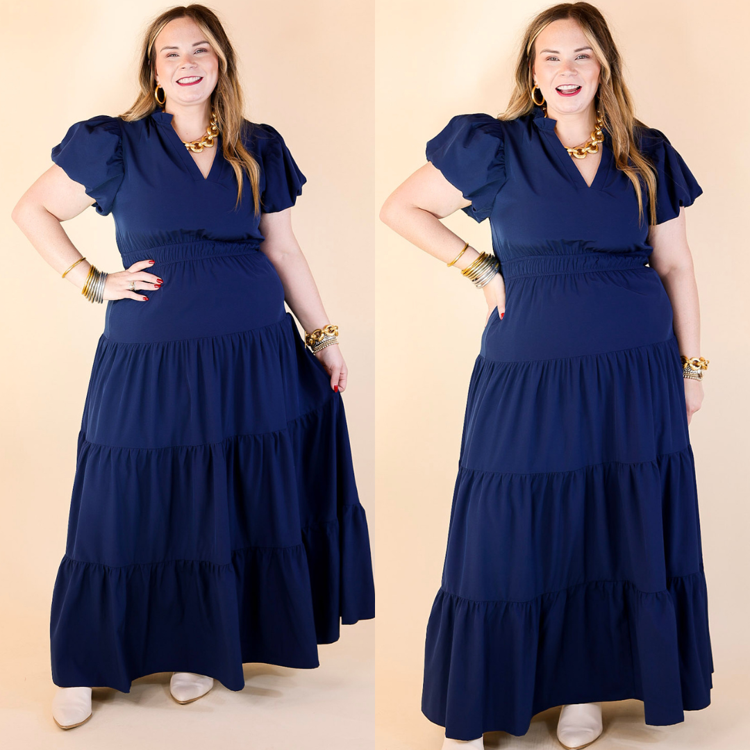 Table for Two Tiered Maxi Dress with Puff Sleeves in Navy Blue Giddy Up Glamour Boutique Table for Two Tiered Maxi Dress with Puff Sleeves in Navy Blue Giddy Up Glamour Boutique