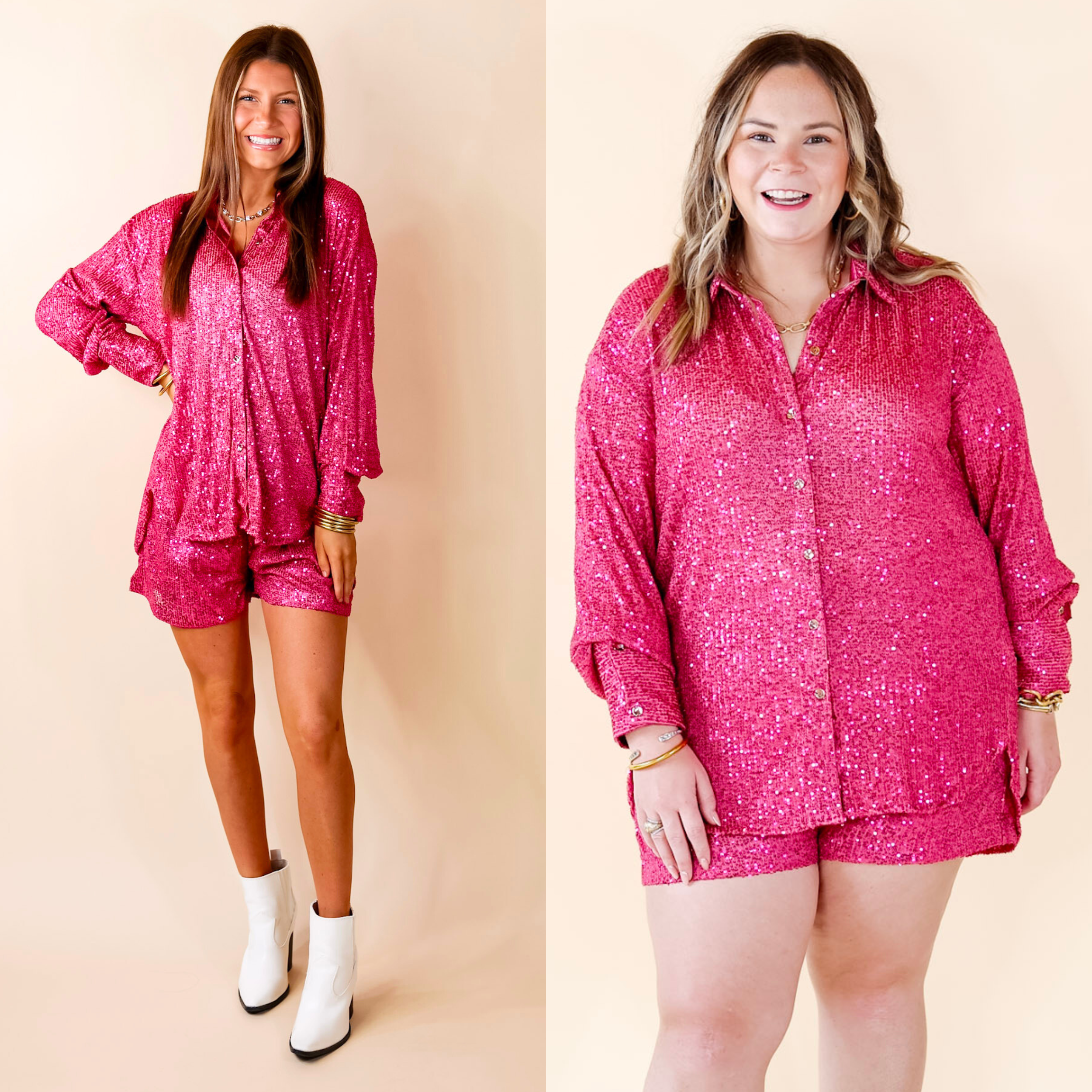 Model is wearing a fuchsia sequin button up. Model has paired the top with the matching shorts, white booties, and gold tone jewelry.
