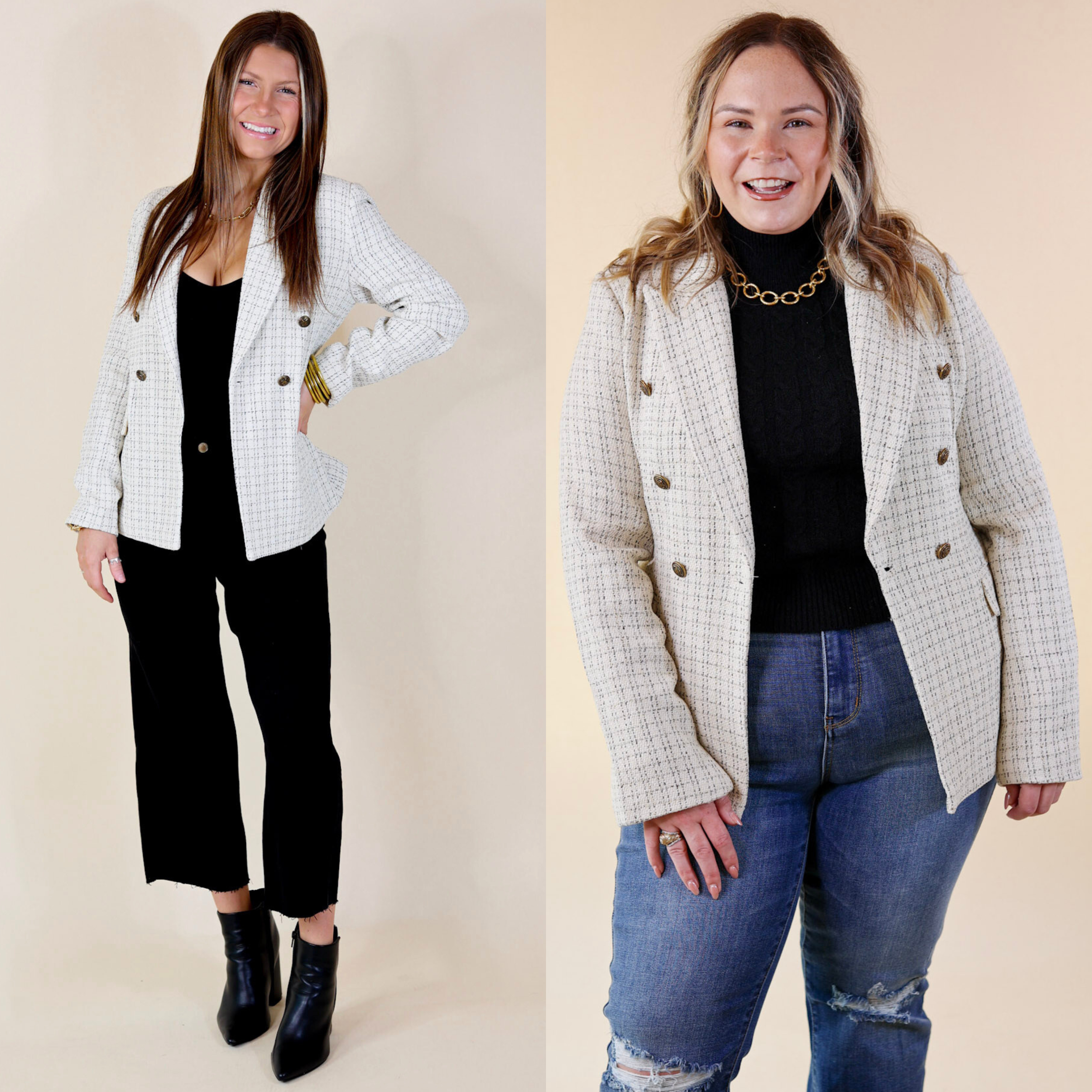 Models are wearing an ivory tweed blazer with long sleeves and bronze buttons. Model has it paired with black jeans, black booties, and gold jewelry. Size large model has it paired with distressed jeans and gold jewelry.