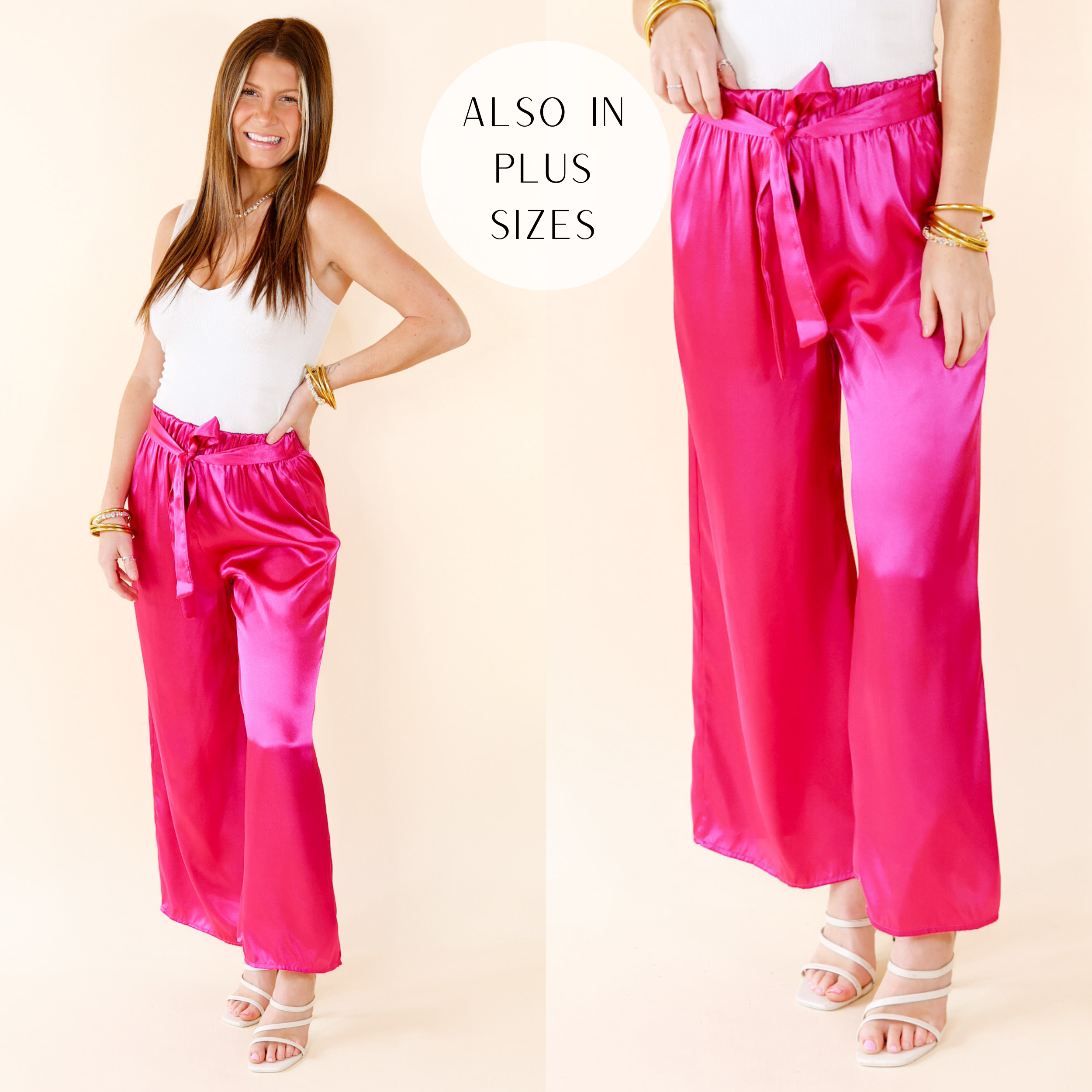 Dare To Dazzle Wide Leg Satin Pants with Waist Tie in Fuchsia Pink - Giddy Up Glamour Boutique