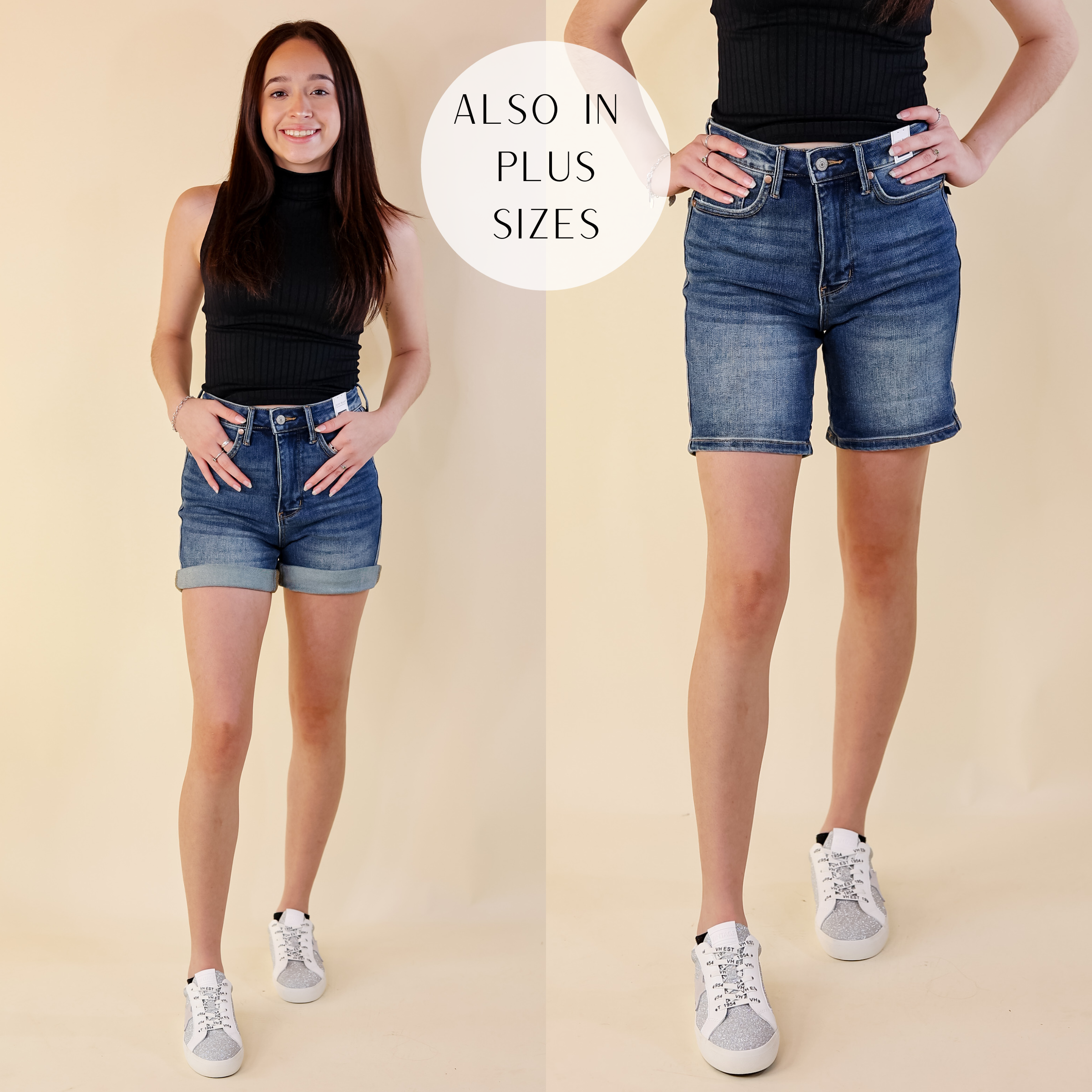 Judy Blue | Urban Ease Tummy Control Mid Thigh Cuffed Shorts in Vintage Dark Wash - Giddy Up Glamour Boutique