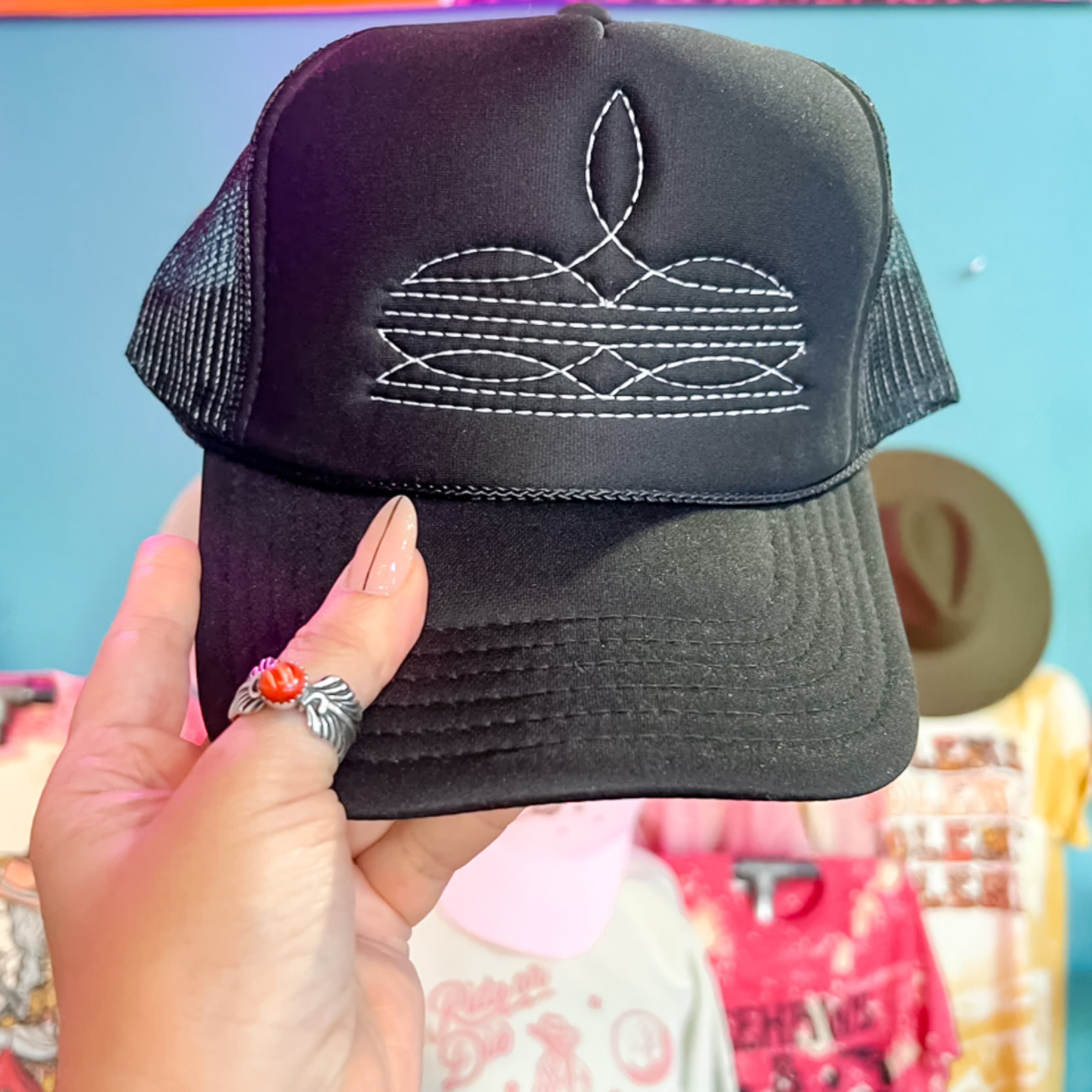 Online Exclusive | White Boot Stitch Foam Trucker Cap in Black - Giddy Up Glamour Boutique