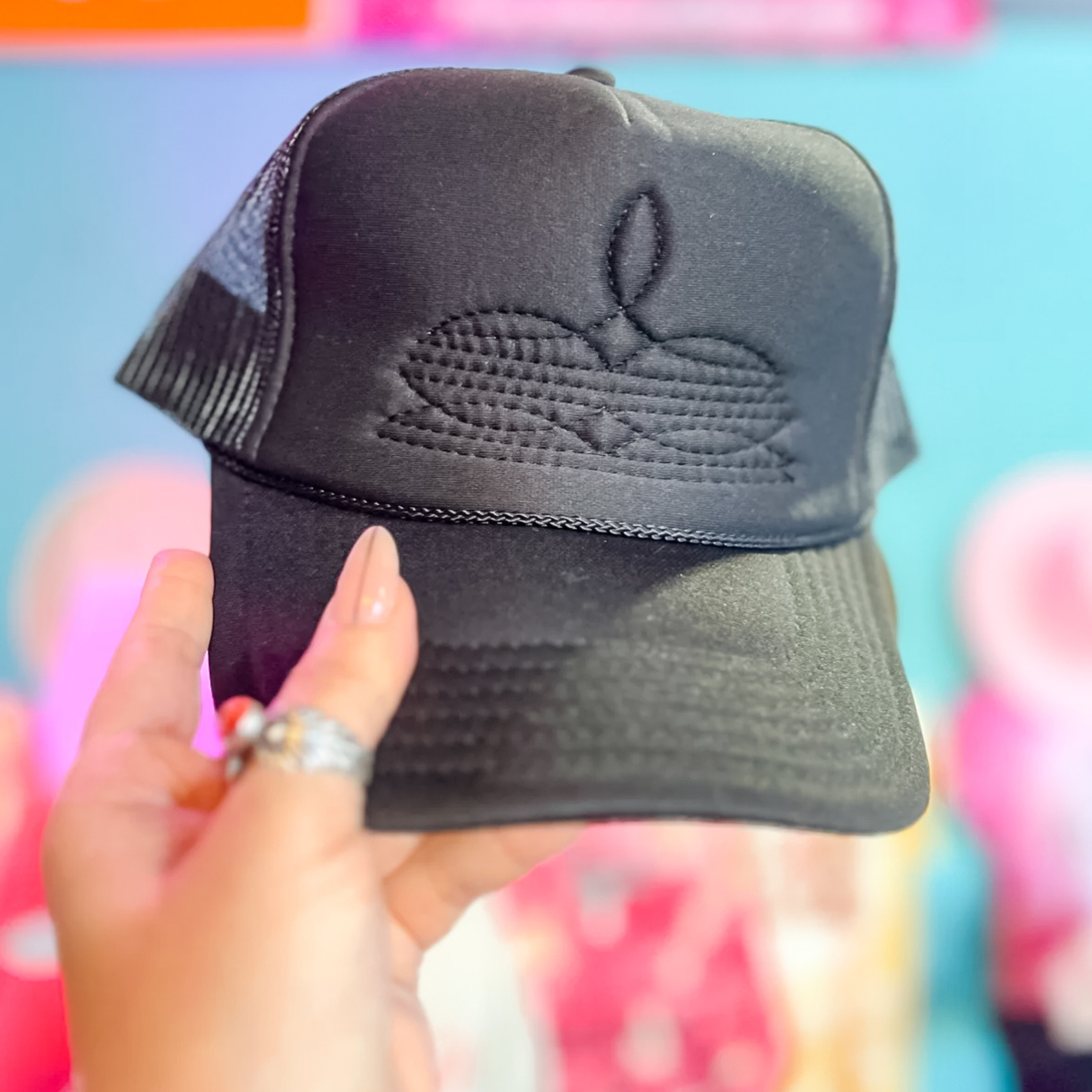 Online Exclusive | Black Boot Stitch Foam Trucker Cap in Black - Giddy Up Glamour Boutique