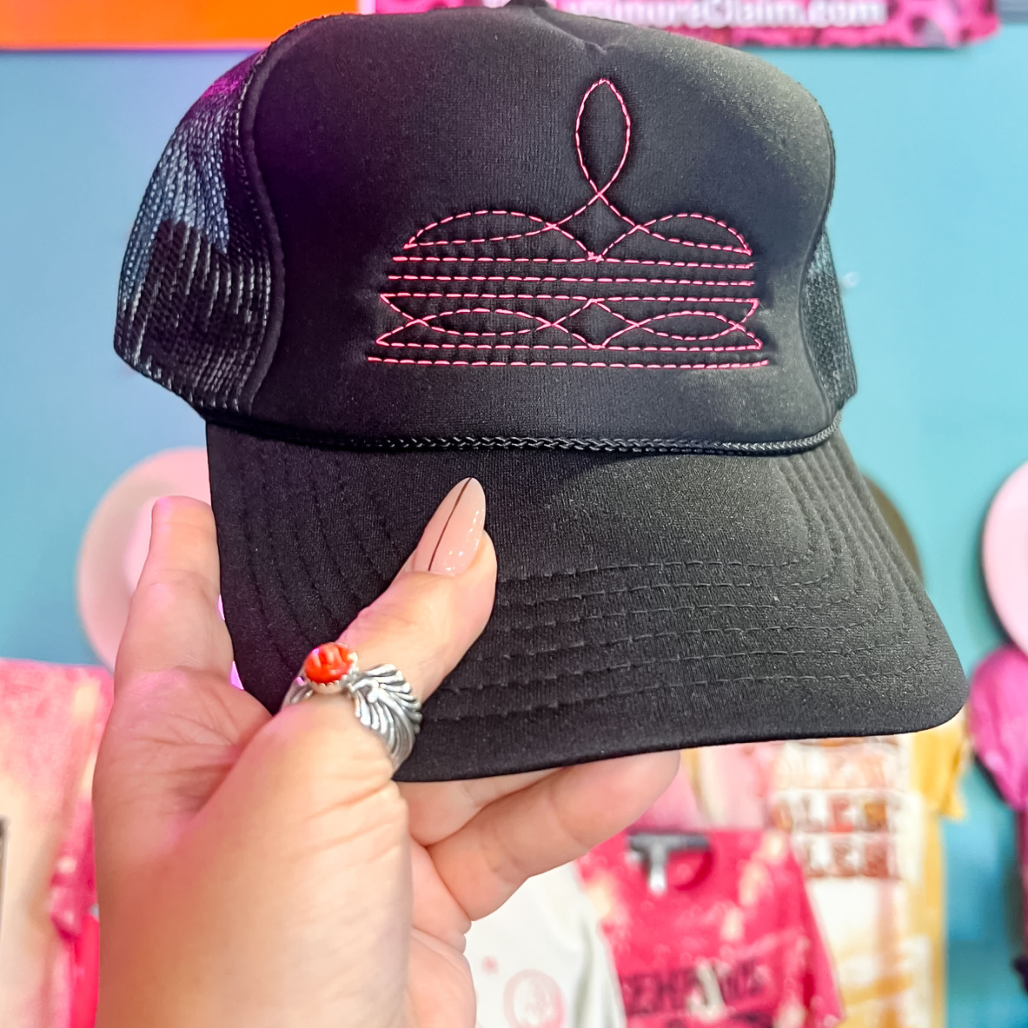 Online Exclusive | Hot Pink Boot Stitch Foam Trucker Cap in Black - Giddy Up Glamour Boutique
