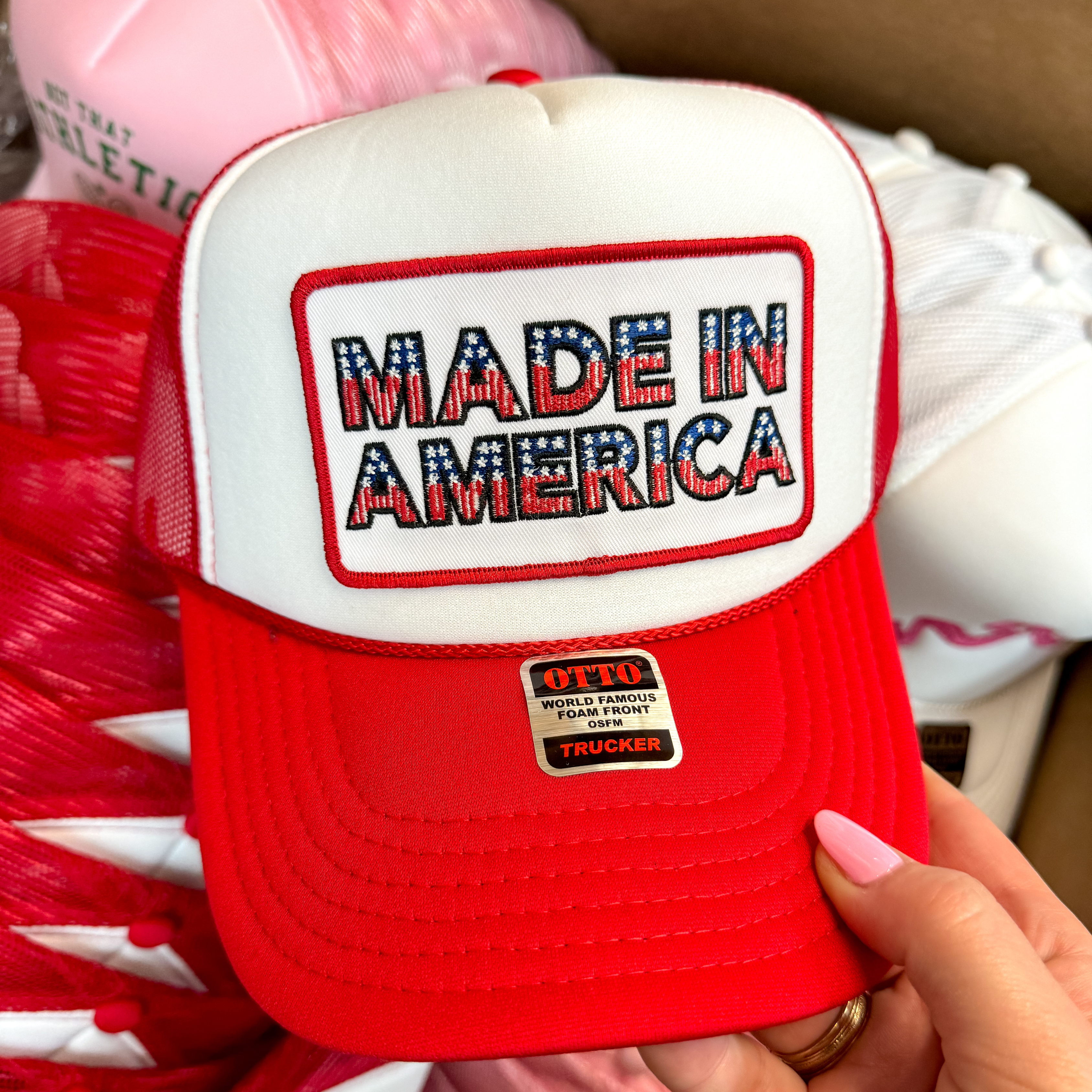 Made in America Foam Trucker Cap in Red & White - Giddy Up Glamour Boutique