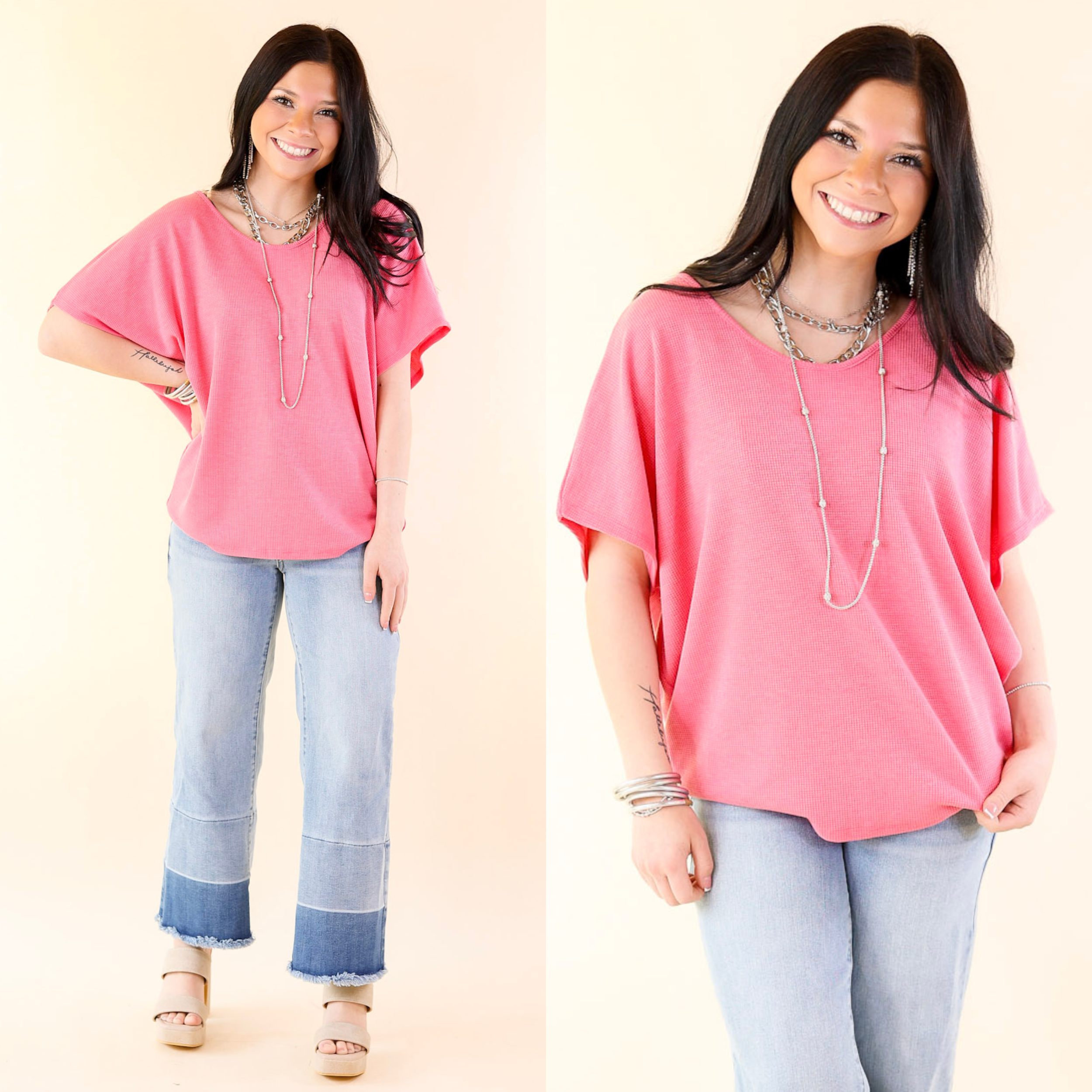 Everyday Essential Short Sleeve Waffle Knit Top in Hot Pink - Giddy Up Glamour Boutique