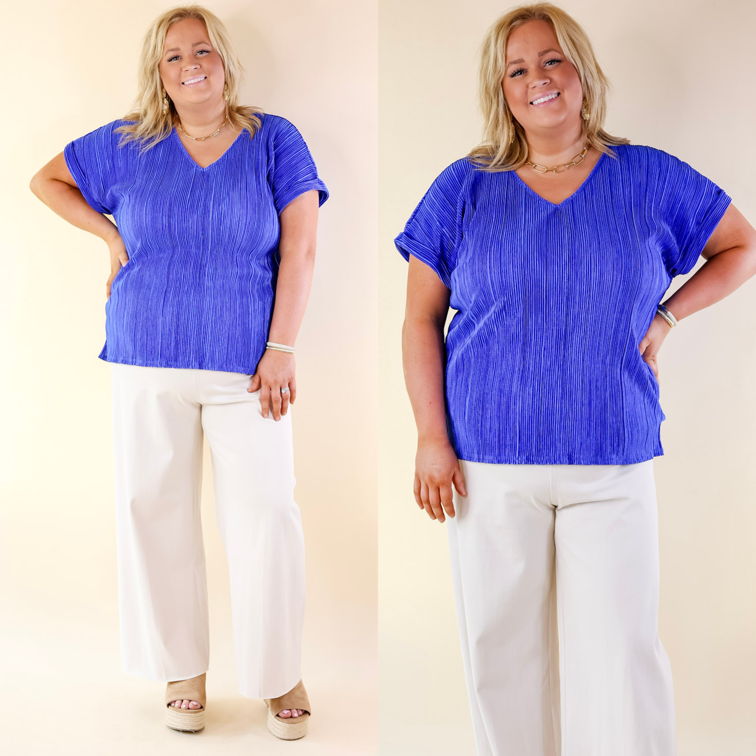 Casual Charm V Neck Plissé Top in Royal Blue - Giddy Up Glamour Boutique
