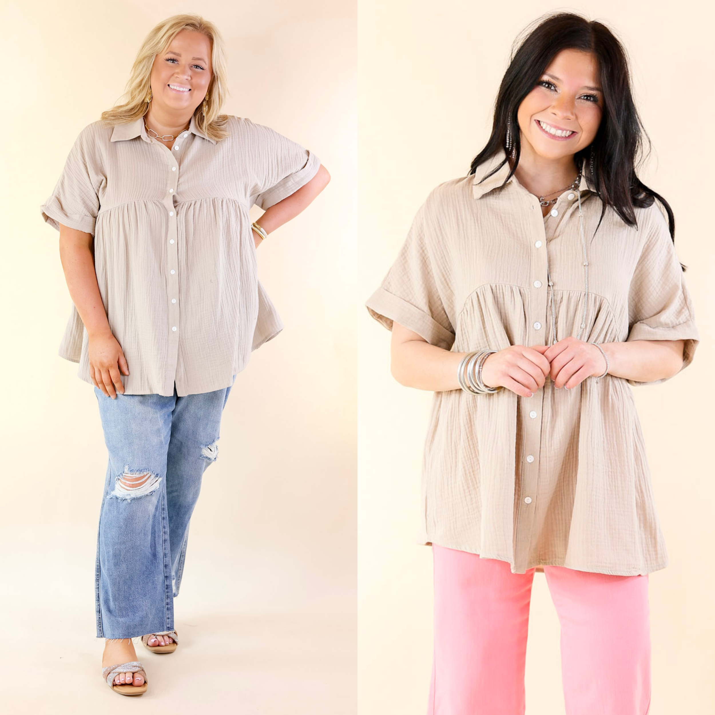 Vacation Vibes Collared Button Up Babydoll Top in Taupe