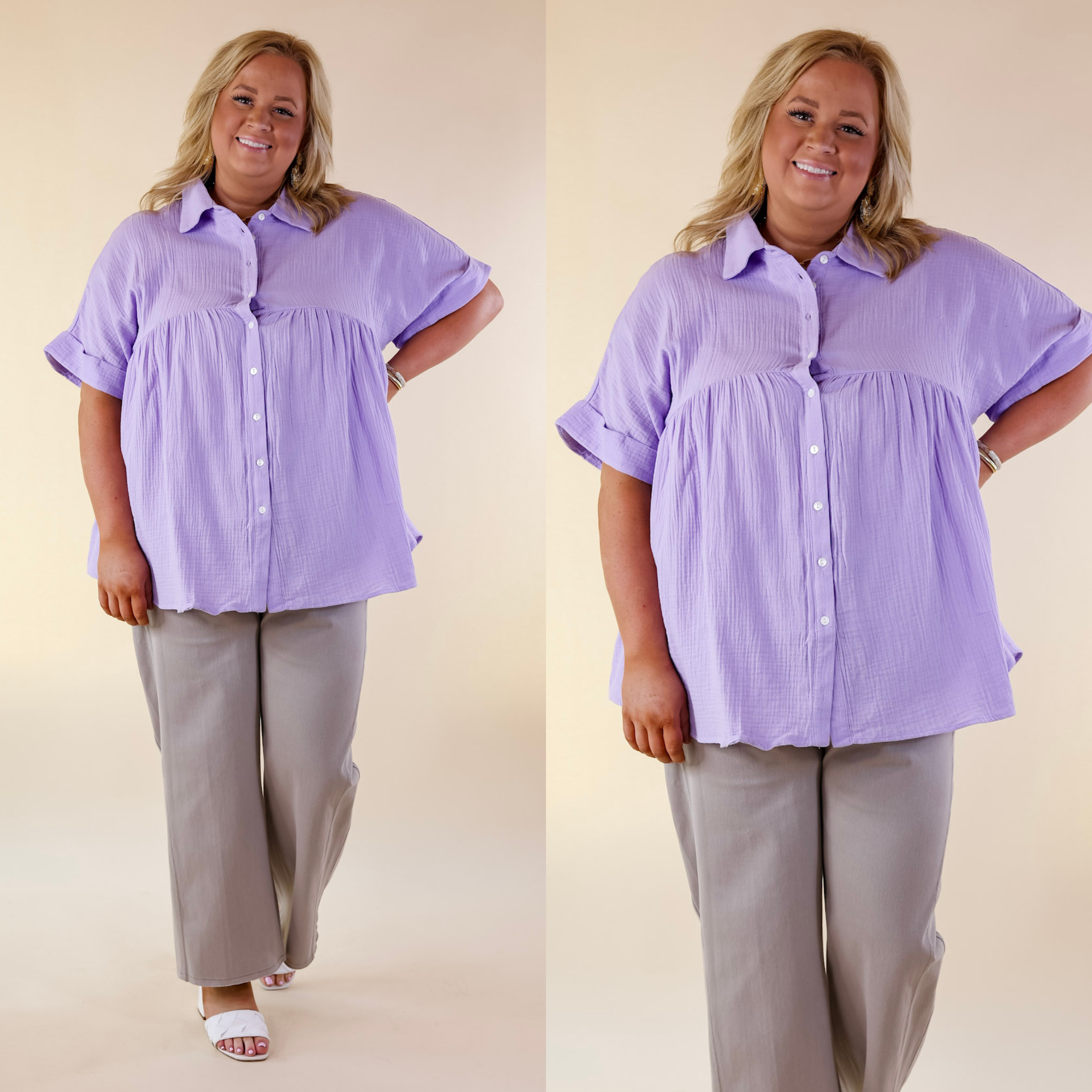 Vacation Vibes Collared Button Up Babydoll Top in Lavender Purple