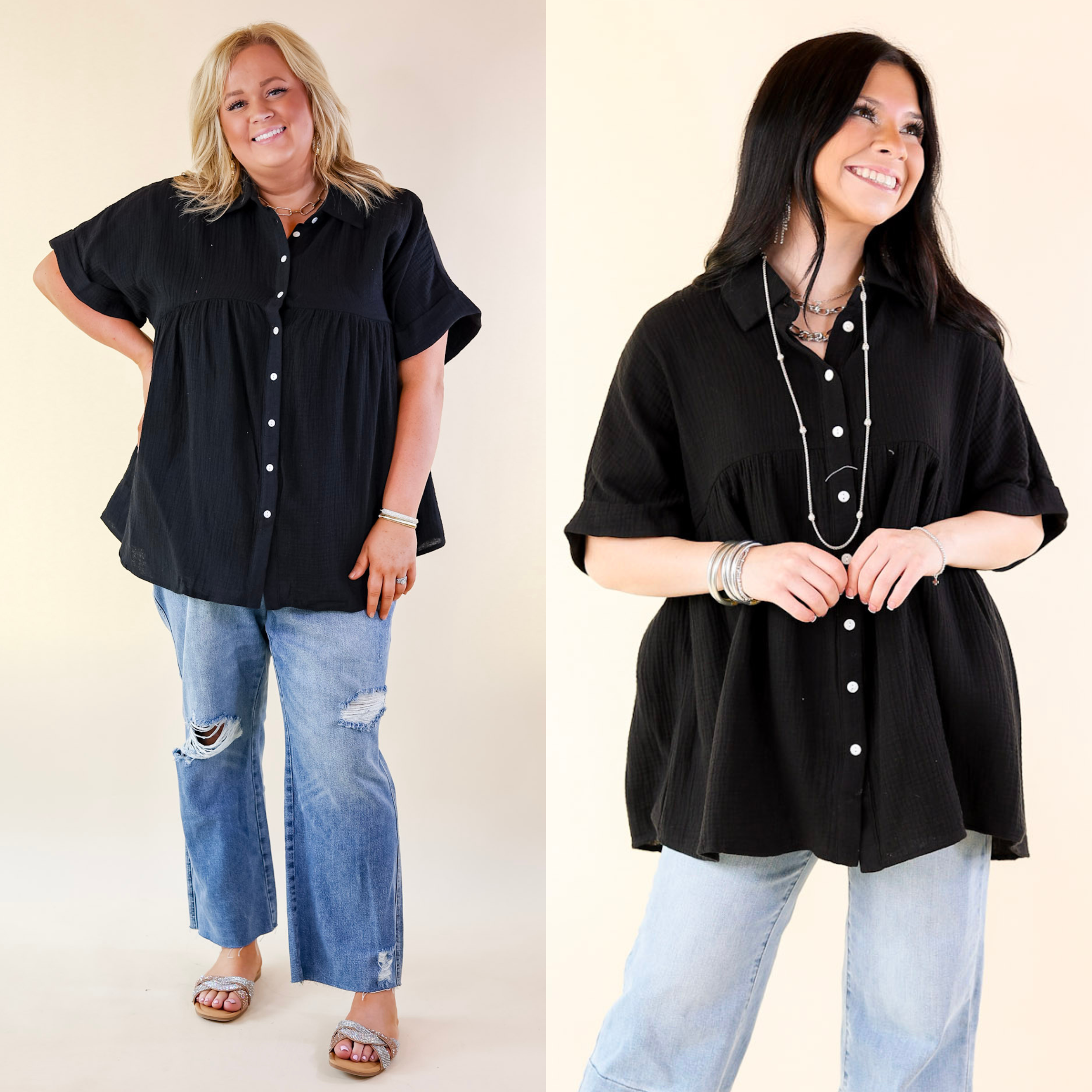 Vacation Vibes Collared Button Up Babydoll Top in Black