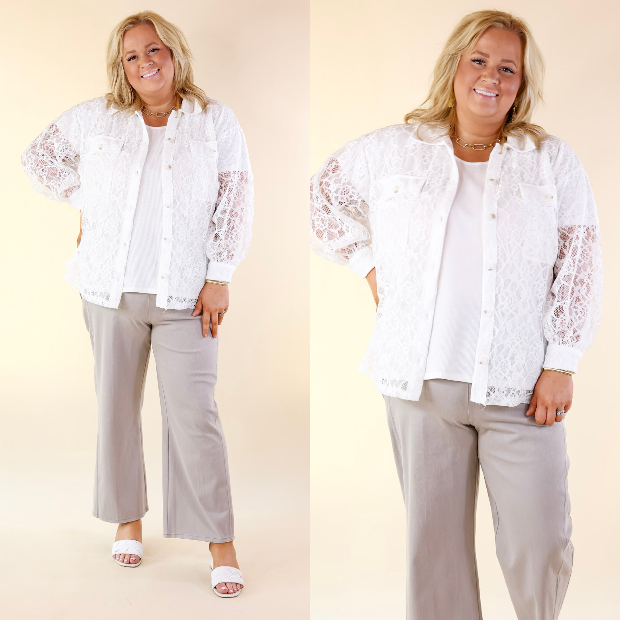 Sheer Chic Collared Button Up Lace Top in White - Giddy Up Glamour Boutique