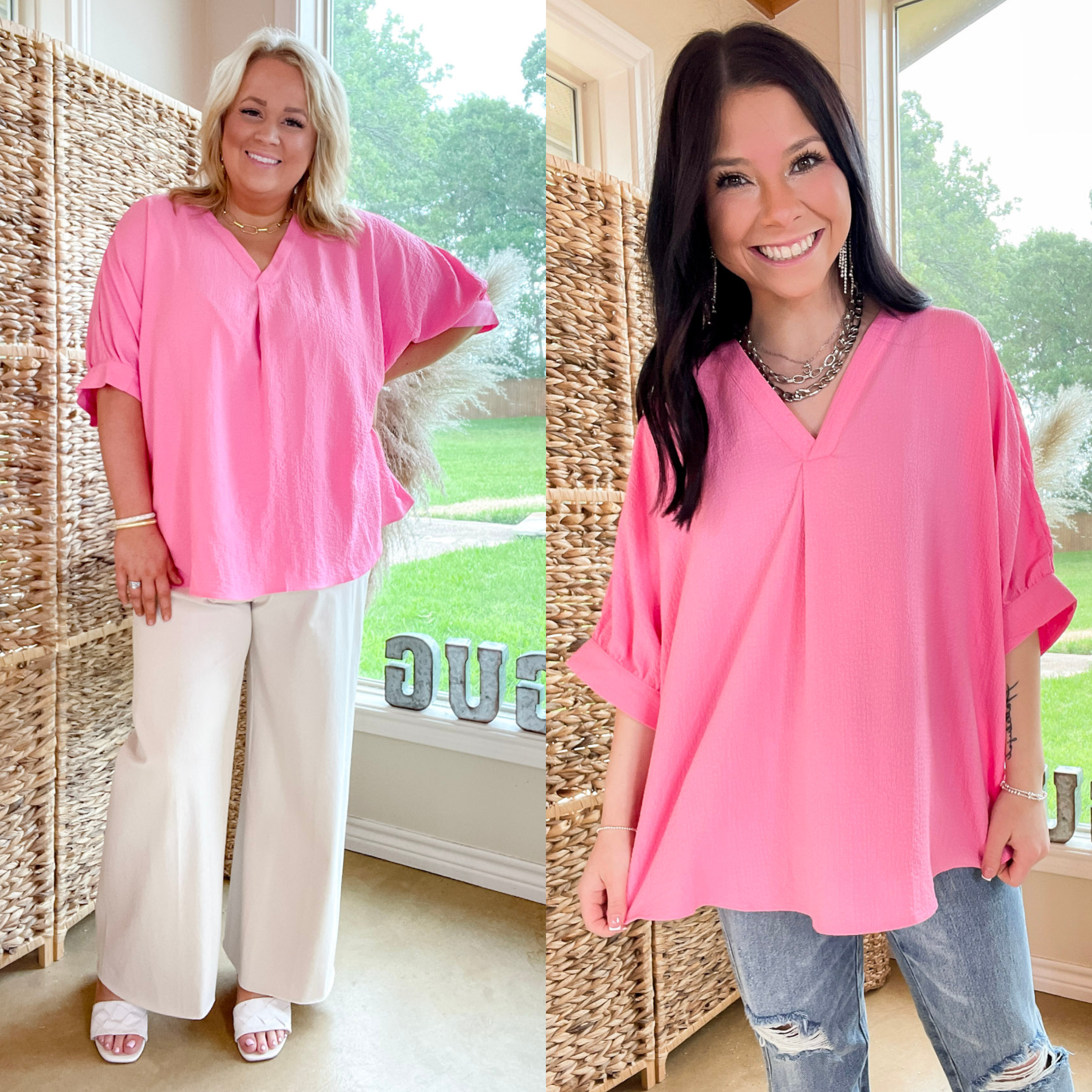 Chic and Charming V Neck Top with 3/4 Sleeves in Pink
