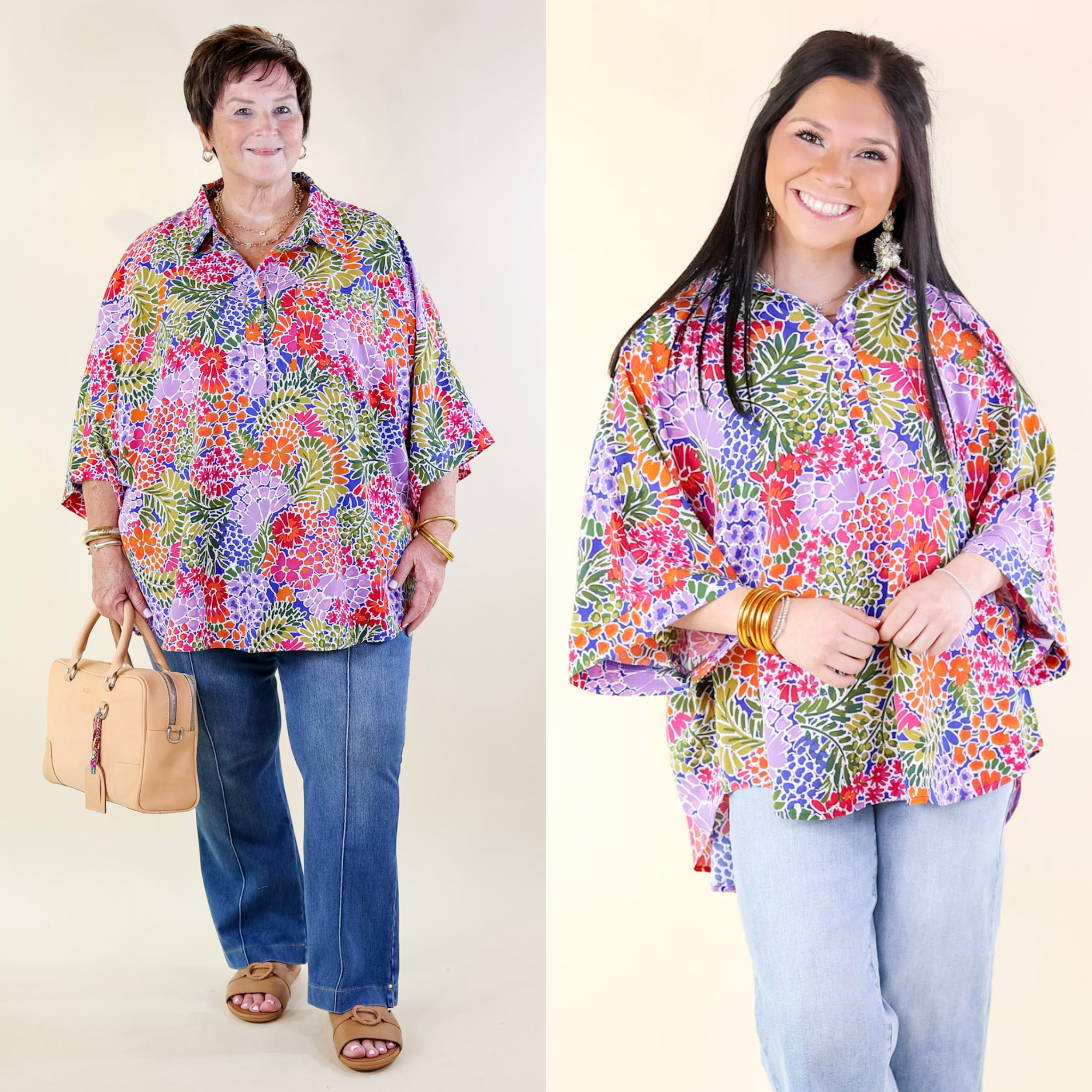 Sweet Surprise Multi-Color Floral Print Half Button Up Poncho Top with Collared Neckline - Giddy Up Glamour Boutique