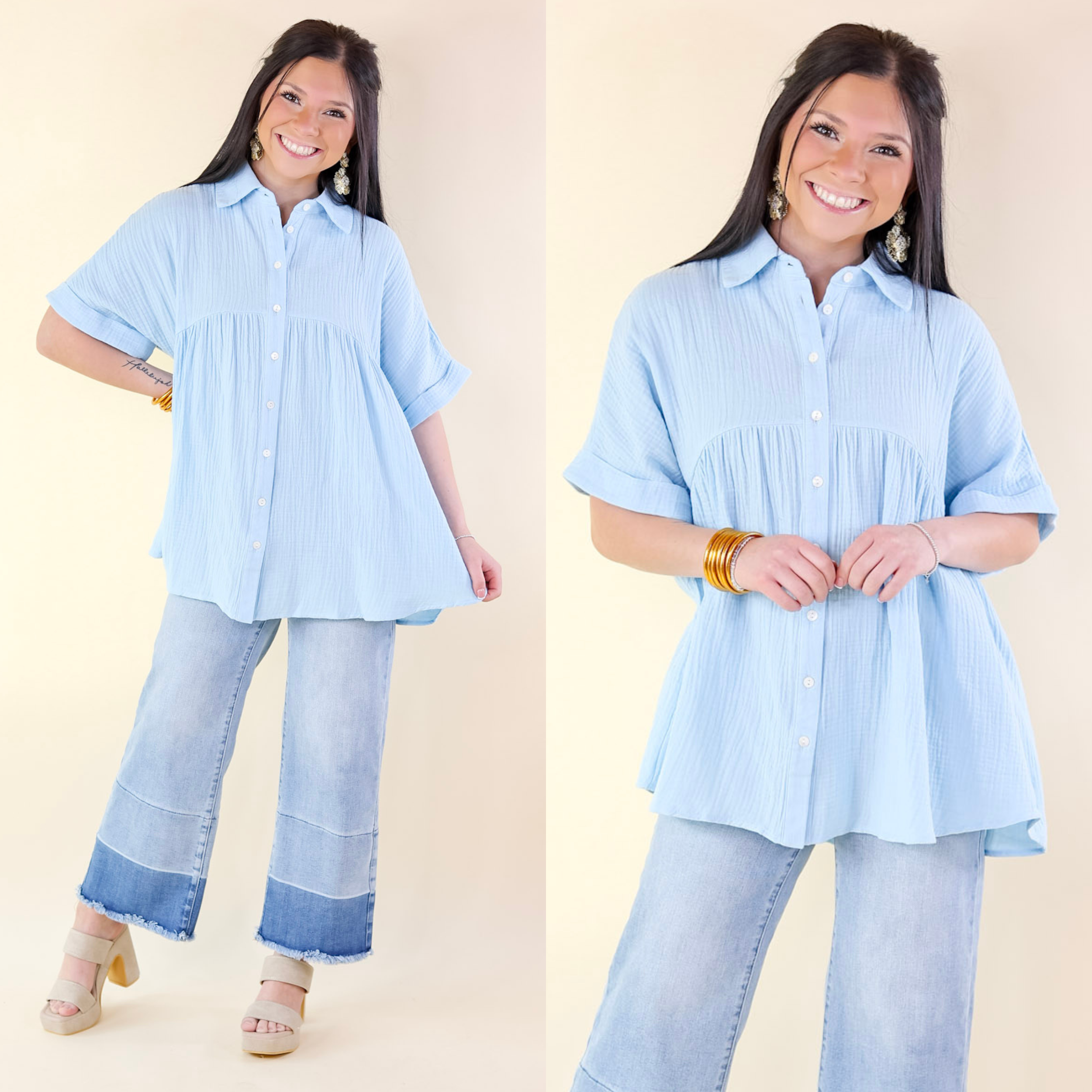 Vacation Vibes Collared Button Up Babydoll Top in Airy Blue - Giddy Up Glamour Boutique