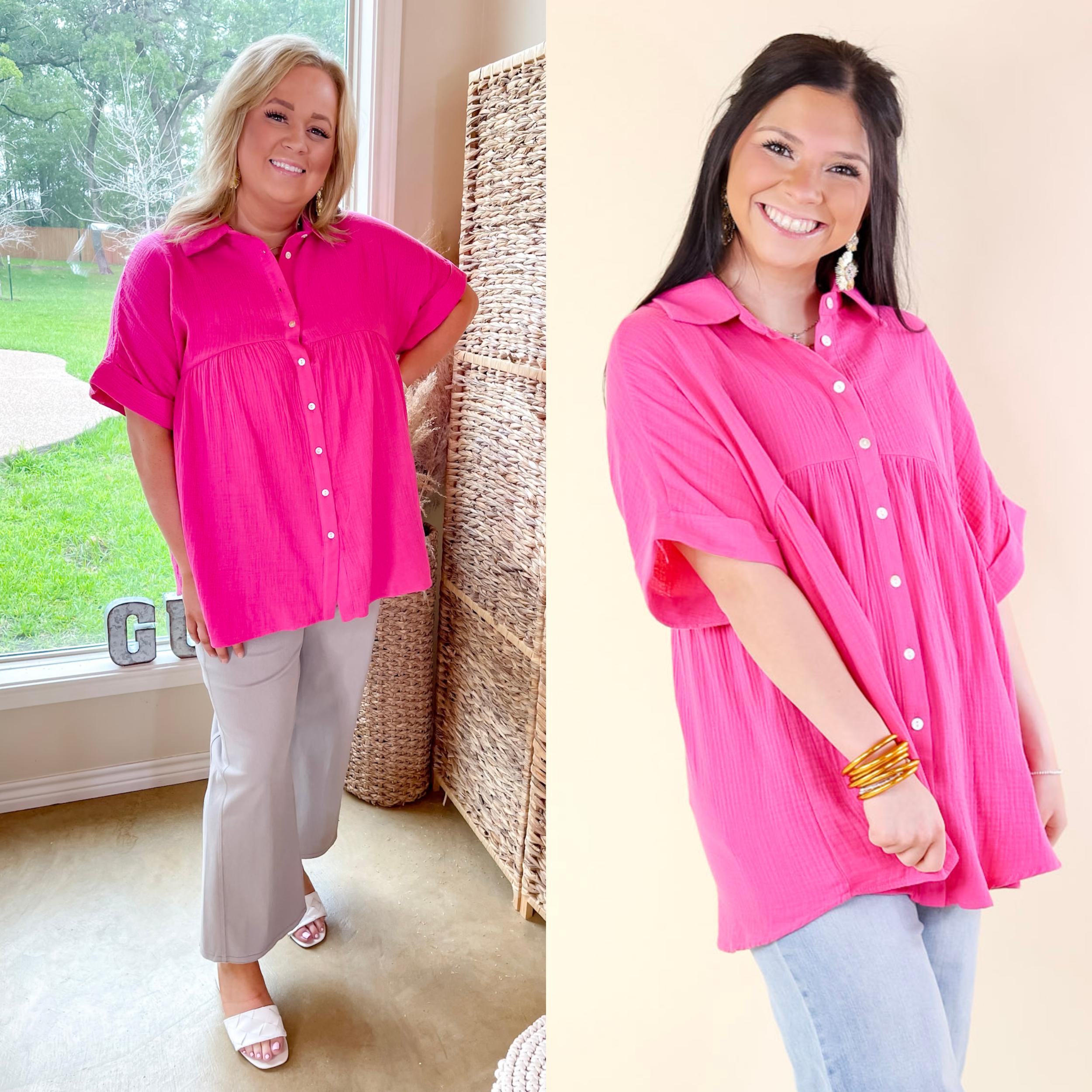 Vacation Vibes Collared Button Up Babydoll Top in Hot Pink
