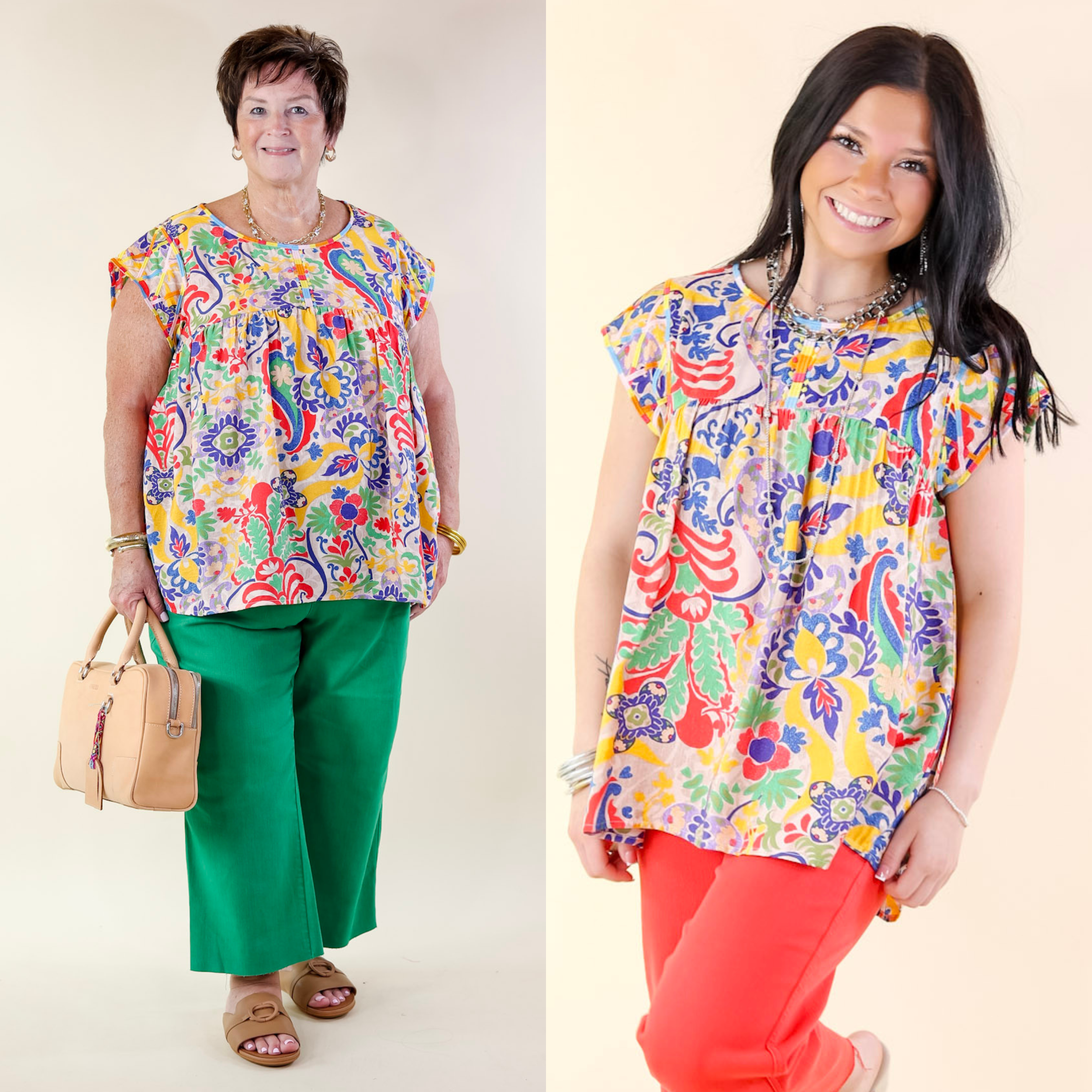 Vibrant Vista Multi-Color Paisley and Floral Print Top with Embroidery