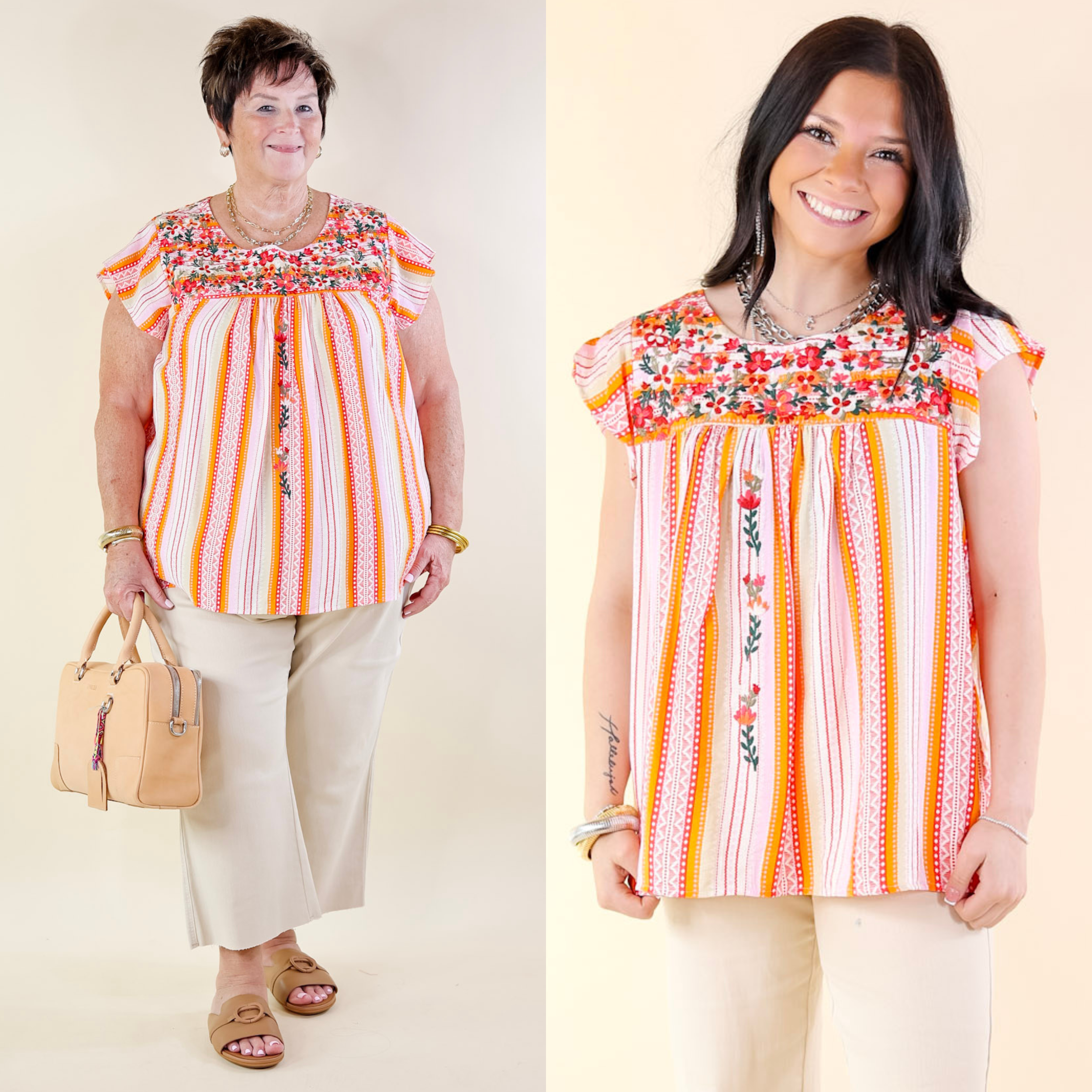 Lajitas Lady Striped Babydoll Top with Floral Embroidery in Orange and Pink