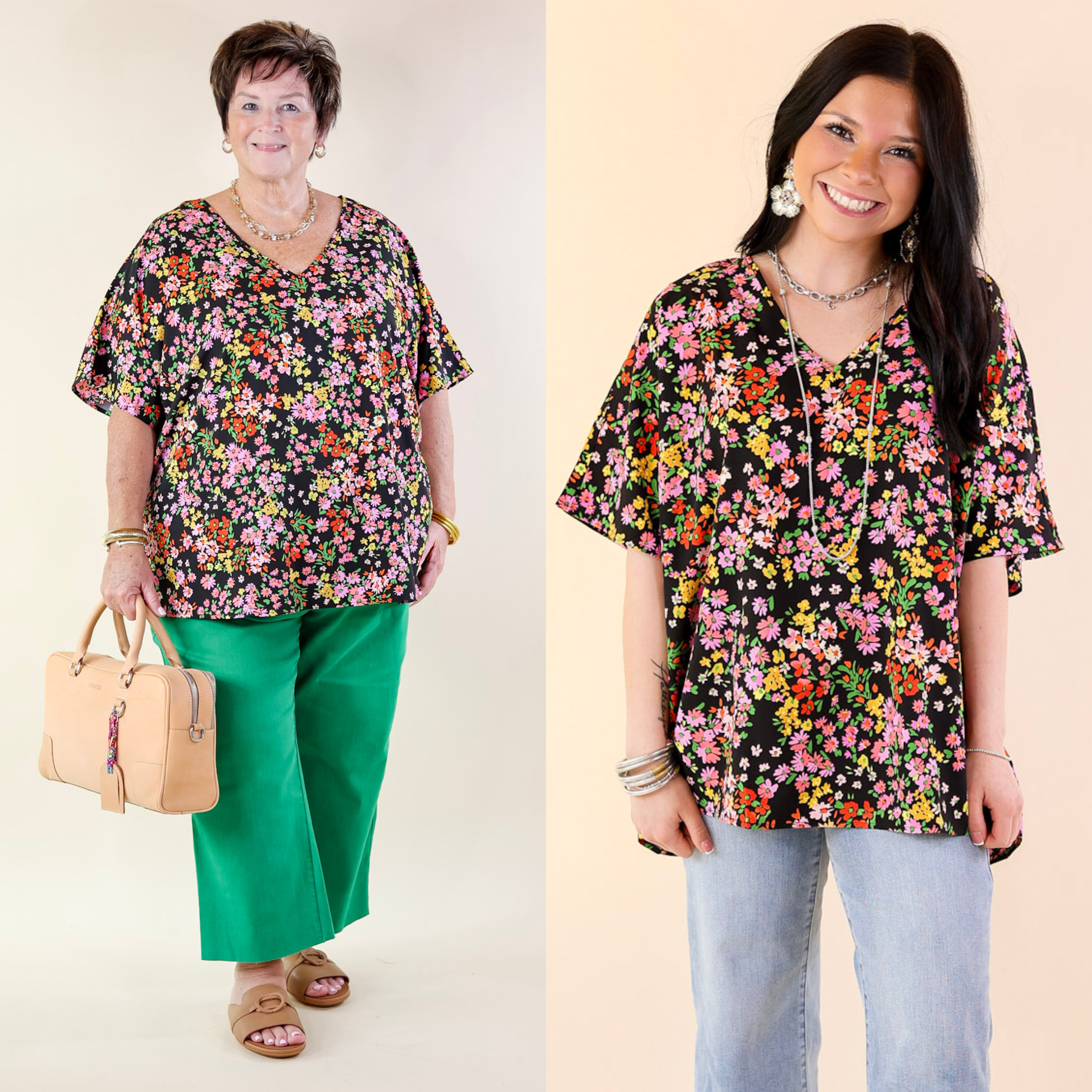 Majestic Moment V Neck Floral Print Poncho Top in Black - Giddy Up Glamour Boutique