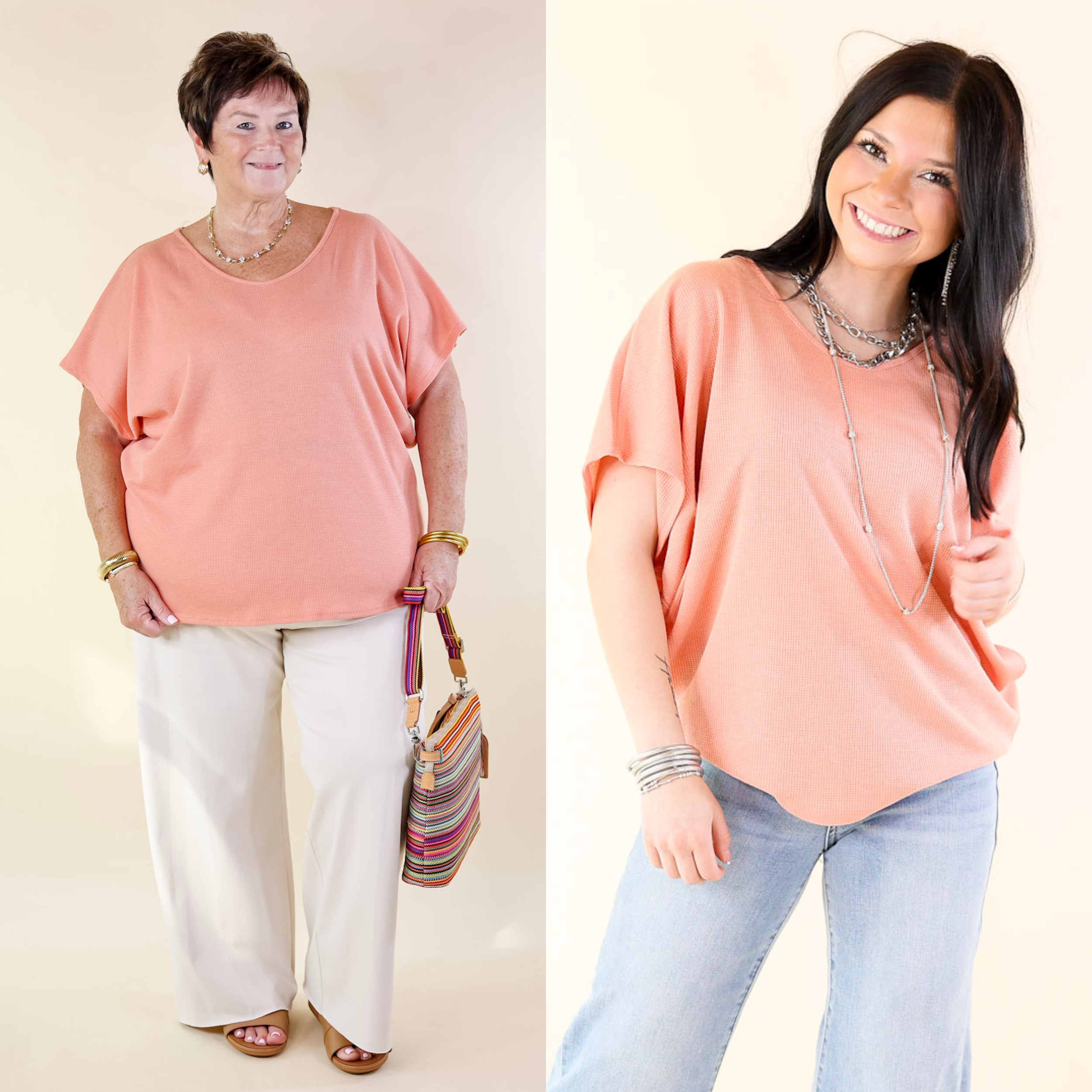 Everyday Essential Short Sleeve Waffle Knit Top in Apricot Coral Orange - Giddy Up Glamour Boutique