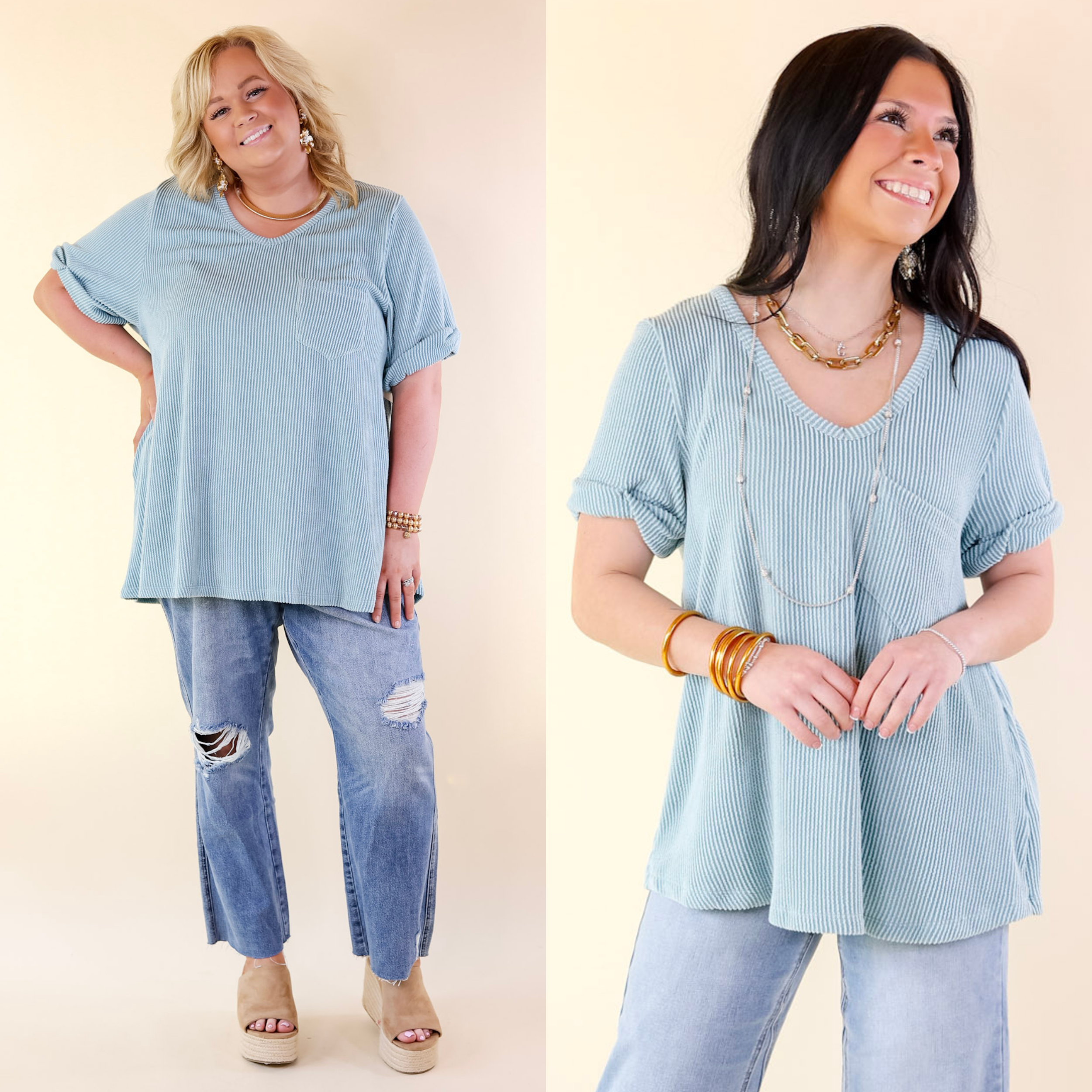 Only True Love Ribbed Short Sleeve Top with Front Pocket in Dusty Turquoise