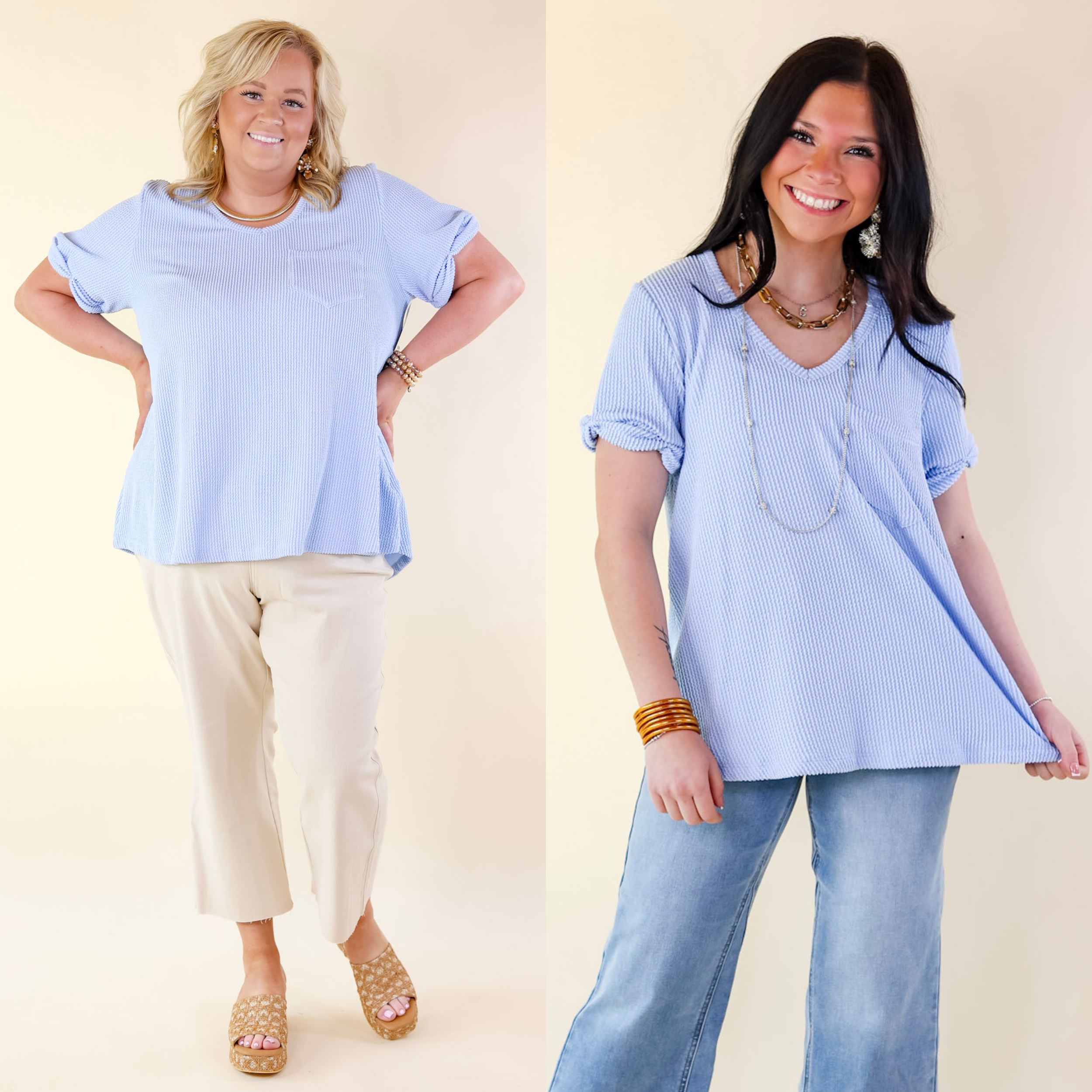 Only True Love Ribbed Short Sleeve Top with Front Pocket in Serenity Blue