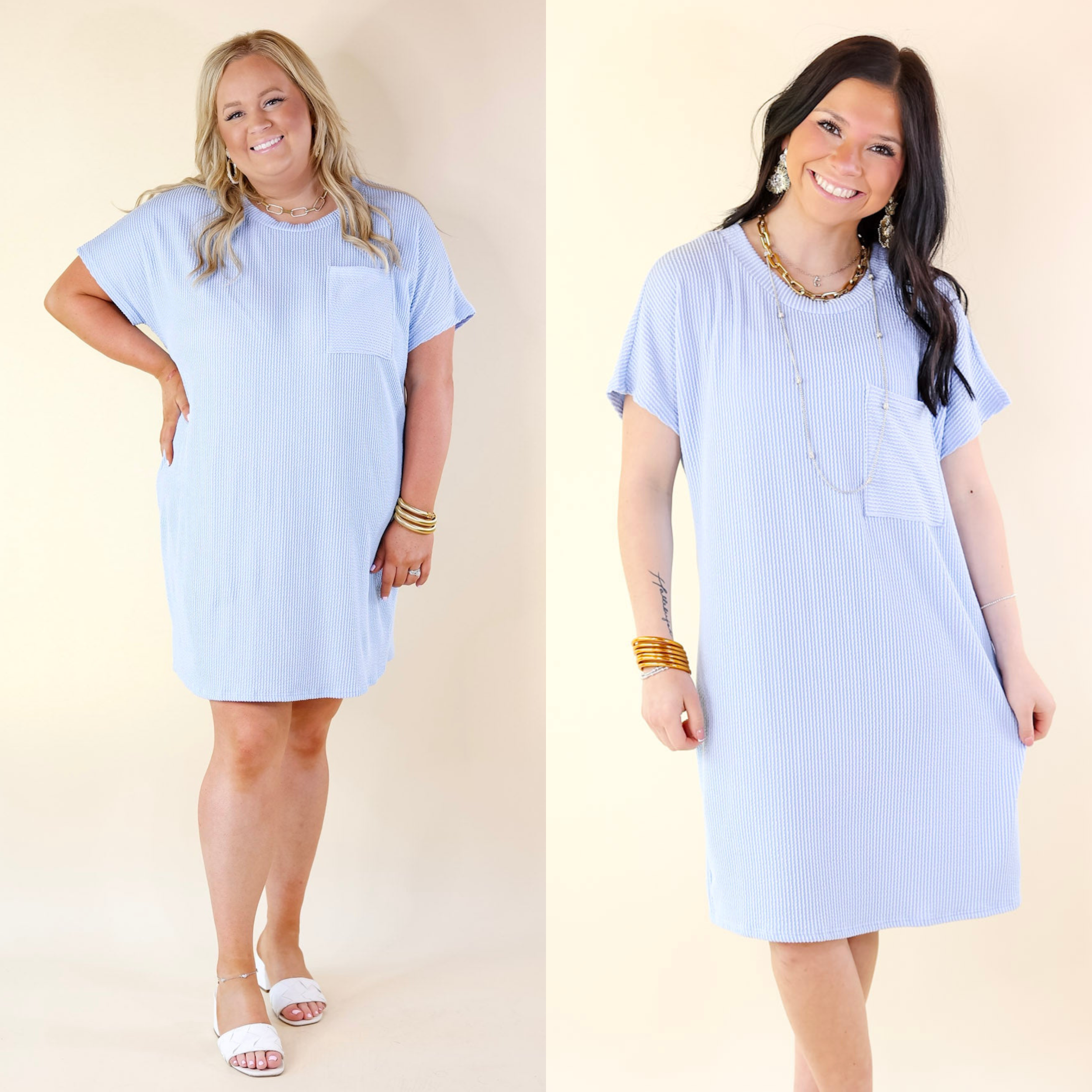 Coffee and Carefree Ribbed Short Sleeve Dress with Front Pocket in Sky Blue