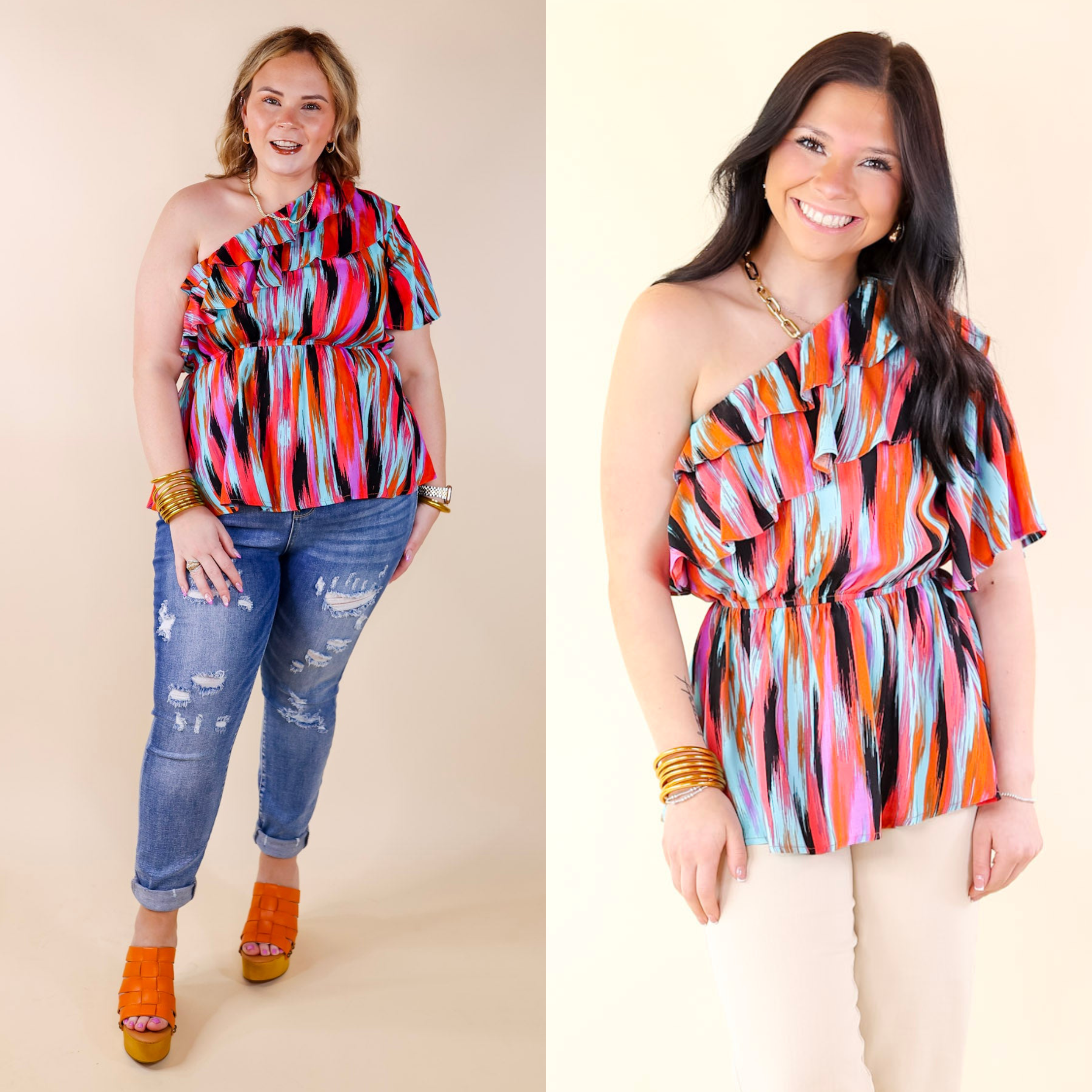 Worth Staying One Shoulder Watercolor Stripe Top in Turquoise and Red Mix - Giddy Up Glamour Boutique