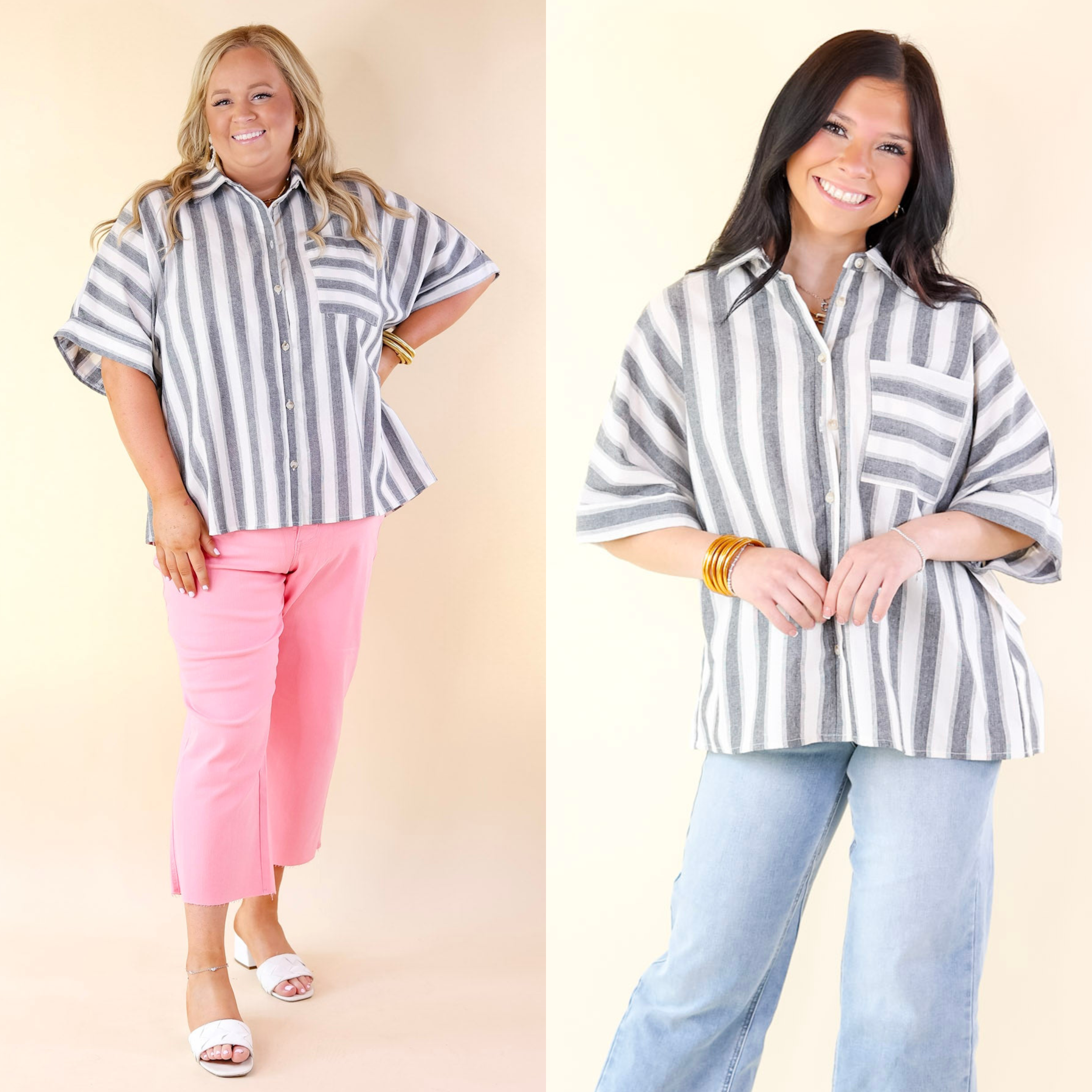 Down The Beach Button Up Striped Top in Ivory and Grey