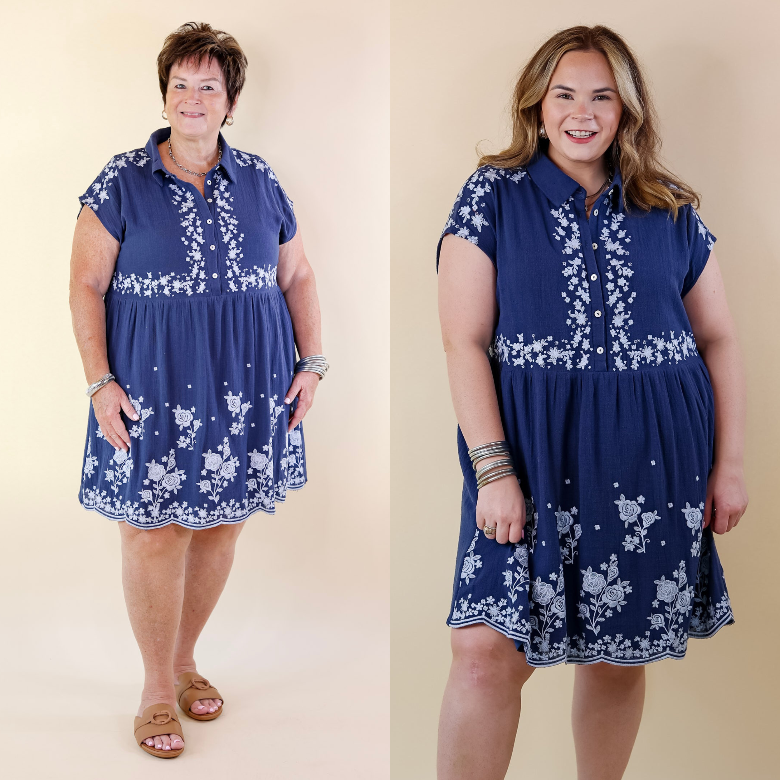 Nautical Blooms Quarter Button and Collar Embroidered Dress with Cap Sleeves in Navy Blue