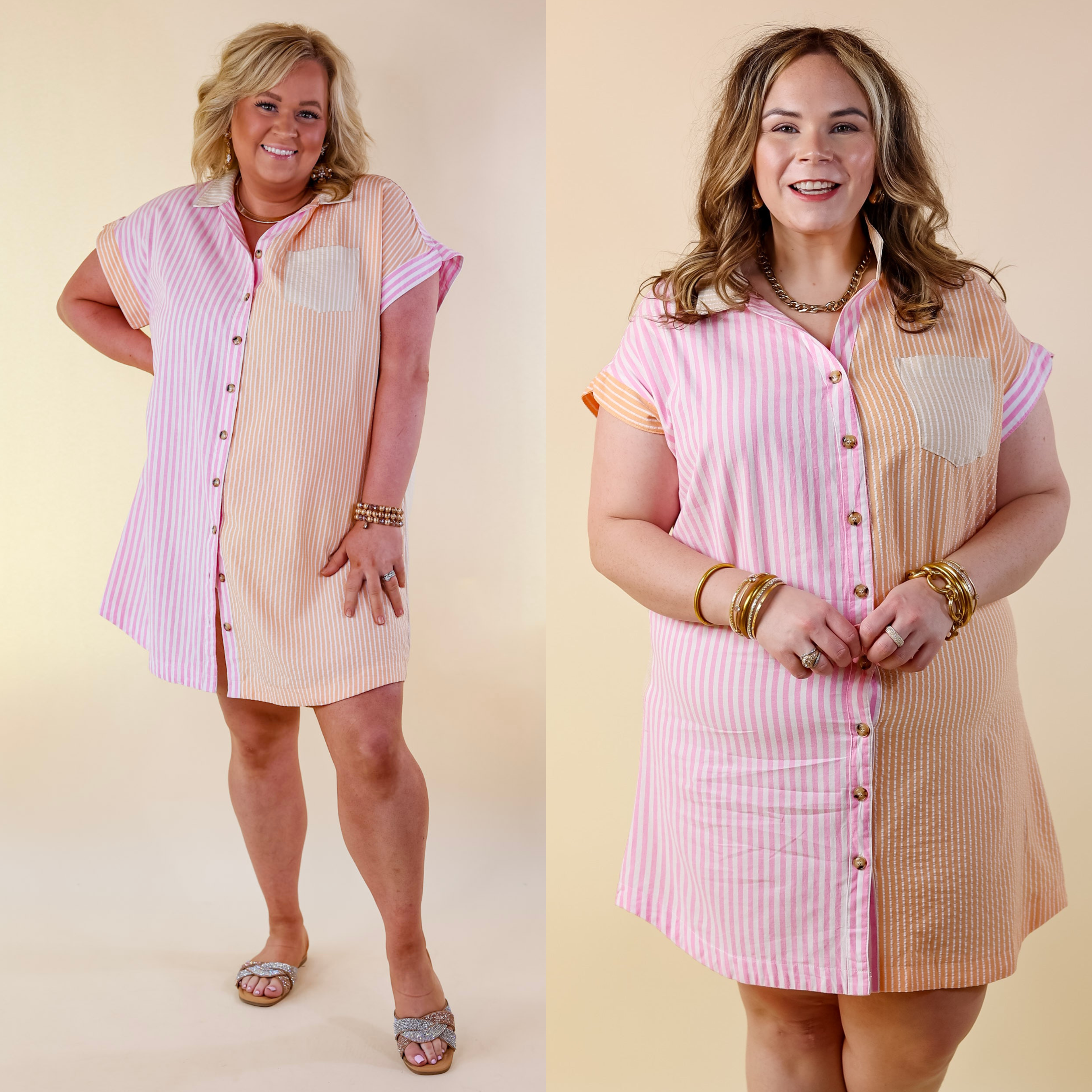 Seasonal Cruisin' Button Up Pinstripe Dress in Pink and Orange - Giddy Up Glamour Boutique