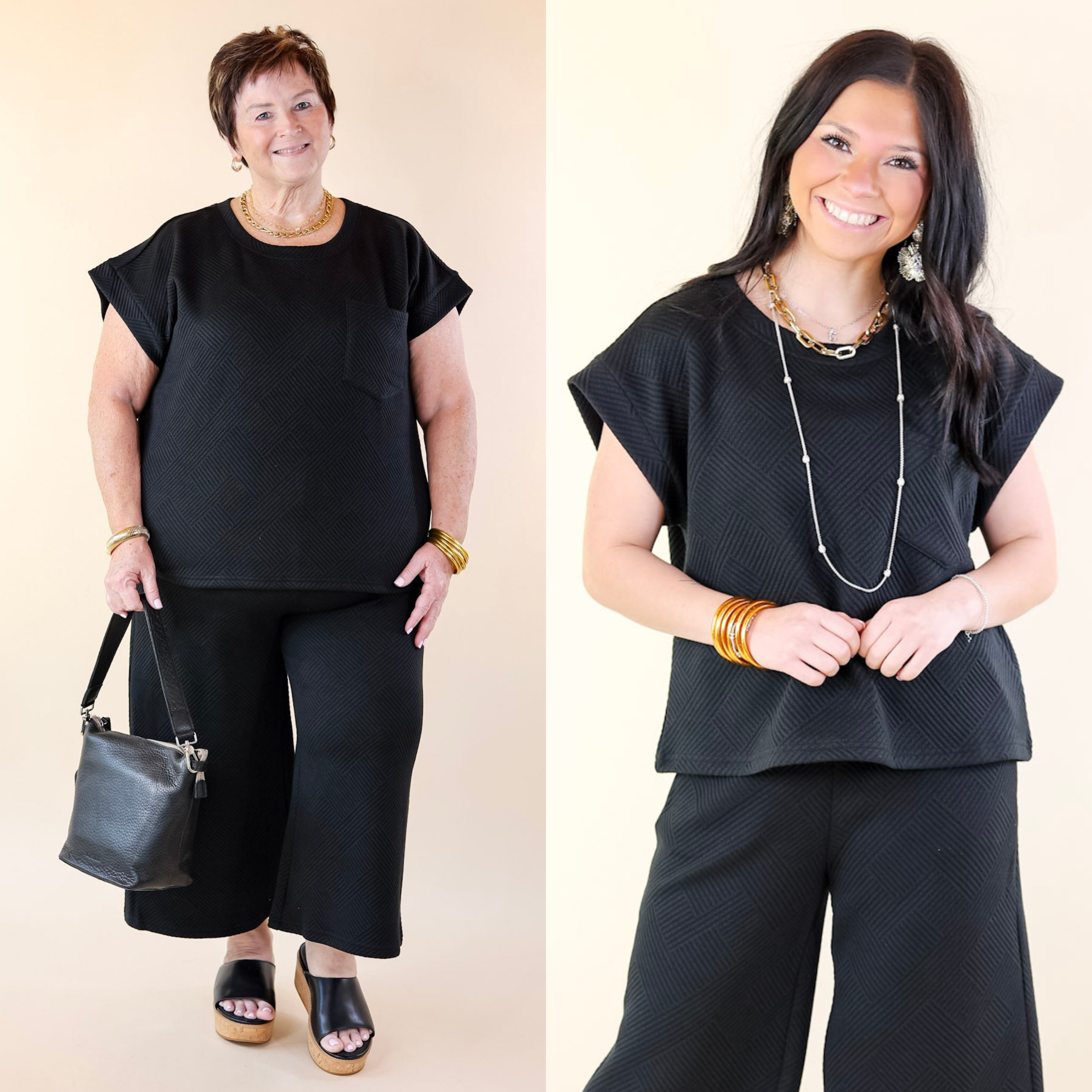 Glamour on the Go Textured Top with Pocket in Black - Giddy Up Glamour Boutique