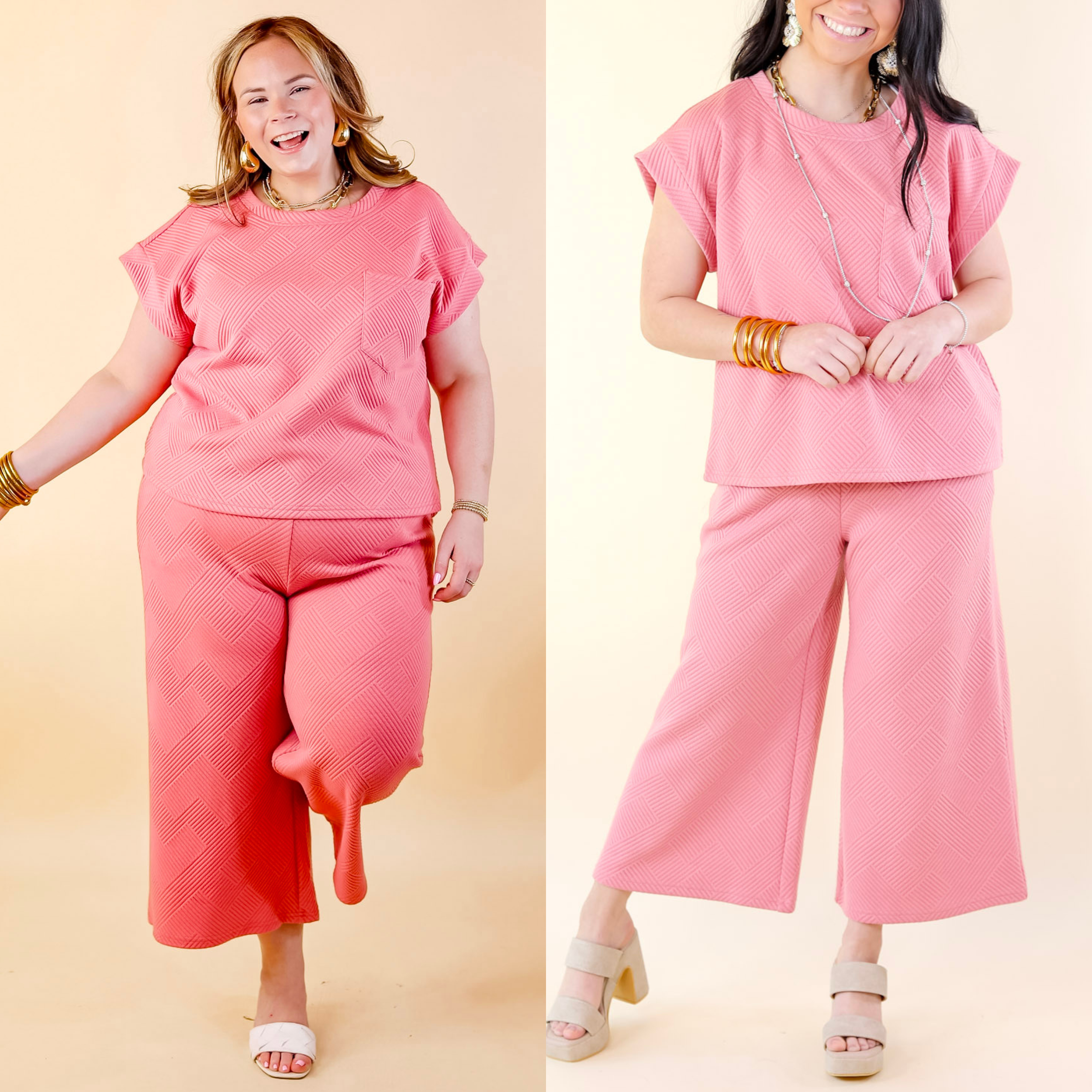 Glamour on the Go Textured Wide Leg Pant in Coral - Giddy Up Glamour Boutique