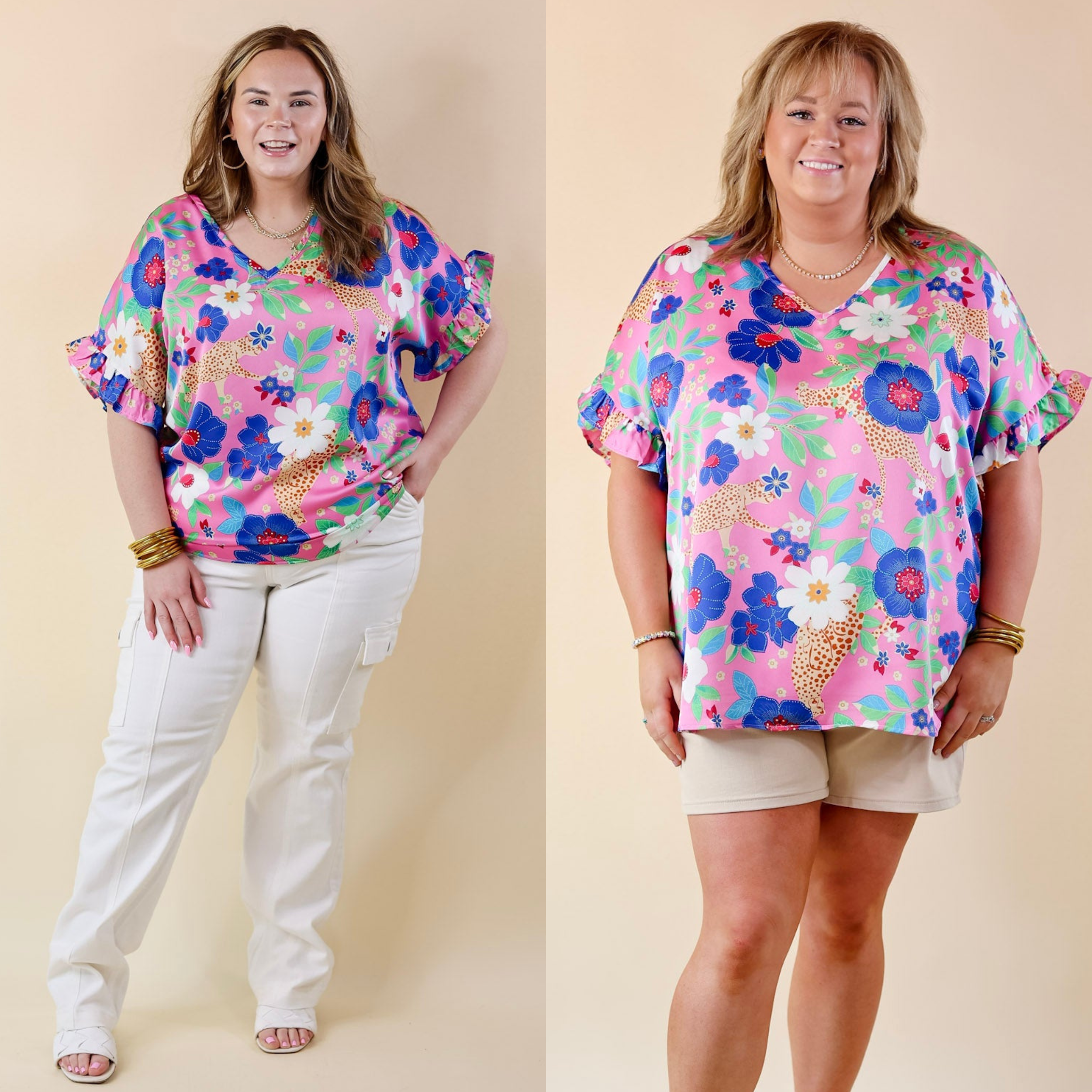 Best Version Floral and Cheetah Print V Neck Top with Ruffle Short Sleeves in Pink
