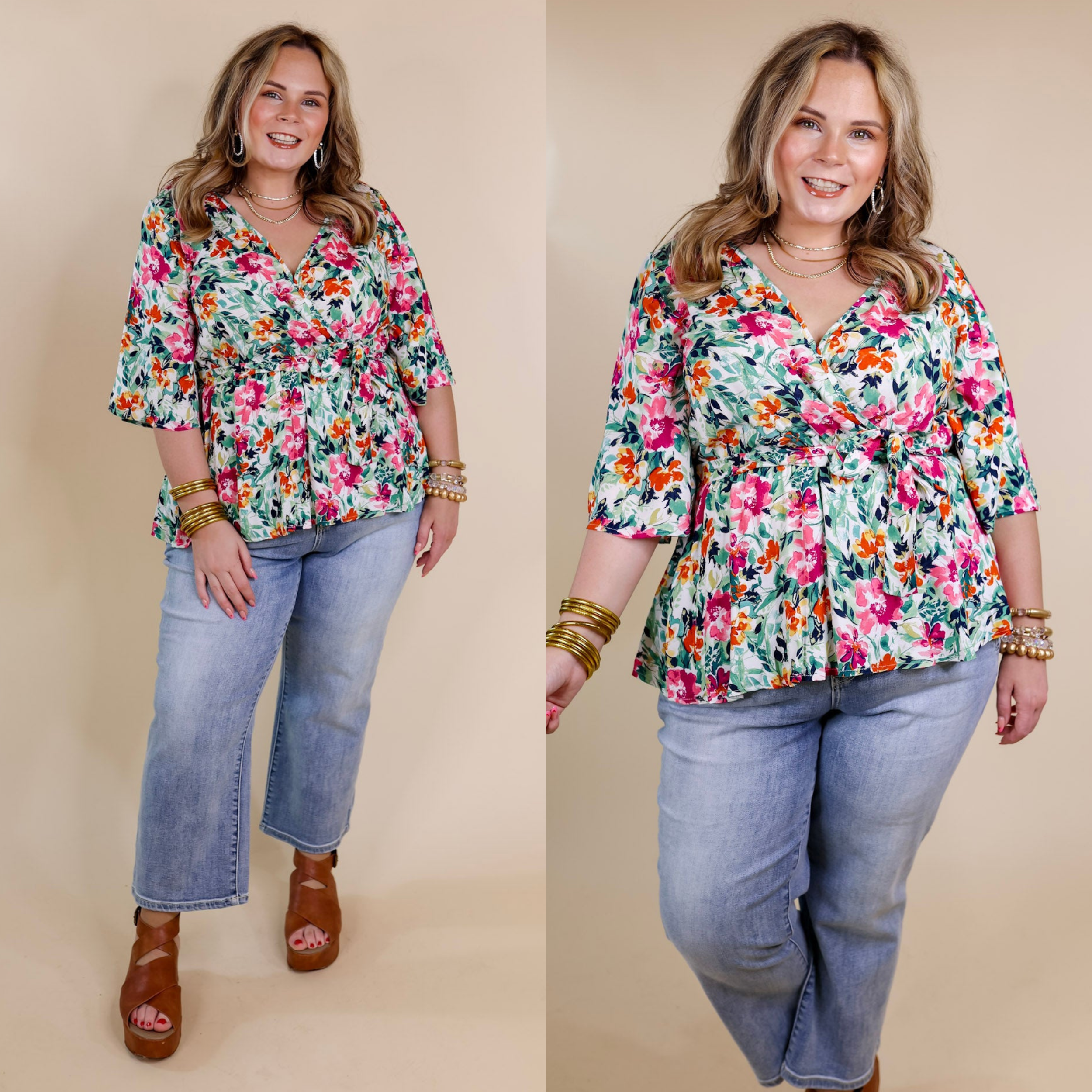 Feels Like A Fairytale Floral V Neck Babydoll Top with Waist Tie in Green Mix - Giddy Up Glamour Boutique